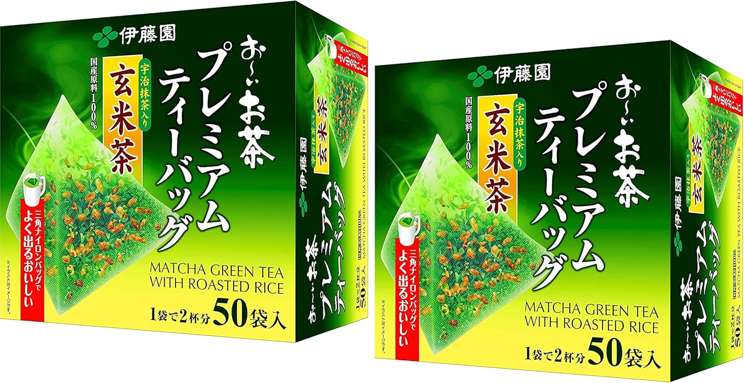 Itoen O~i Ocha Premium Matcha Green Tea with Roasted Rice, Japanese Green Tea Genmaicha with Matcha Uji and Grilled Rice, 1.7g Tea Bags, Pack of 2 Boxes (Total 100 Bags), Made in Japan