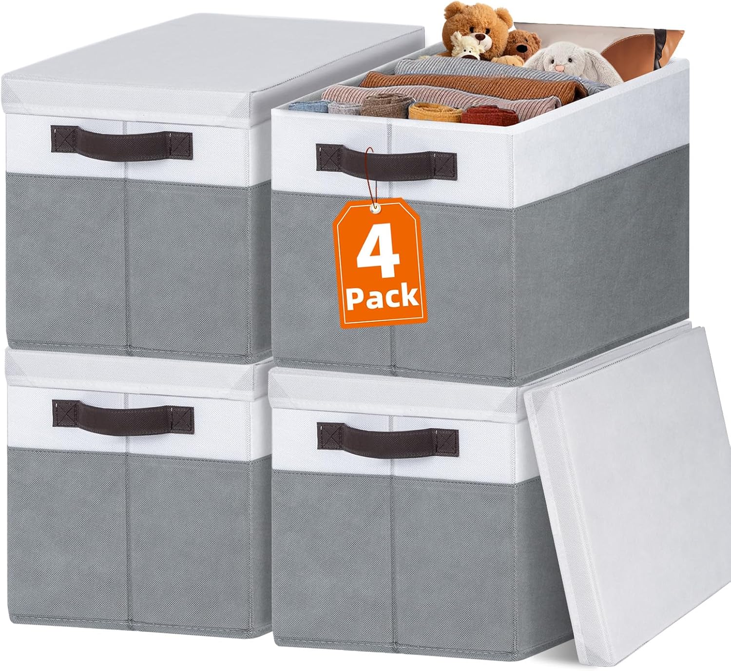 Large Closet Storage Baskets Bins with Lids 4 Pack, Storage Baskets for Organizing Shelves Nursery Bedroom, Home Dorm Closet Organizers Cubes for Clothes Toys Blanket - Stackable & Sturdy -14x10x9.5