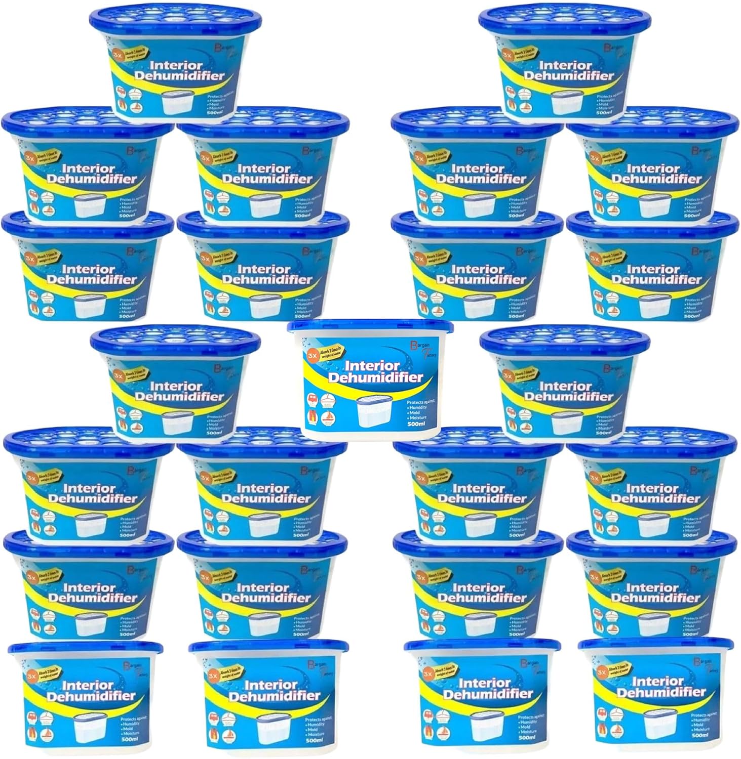 Bargain Factory Dehumidifier 500ml Pack of 25 Condensation Remover Moisture Absorber Dehumidifiers for Damp, Mould, Moisture in Home, Kitchen, Bedroom, Caravan, Office, Garage, Bathroom, Basement