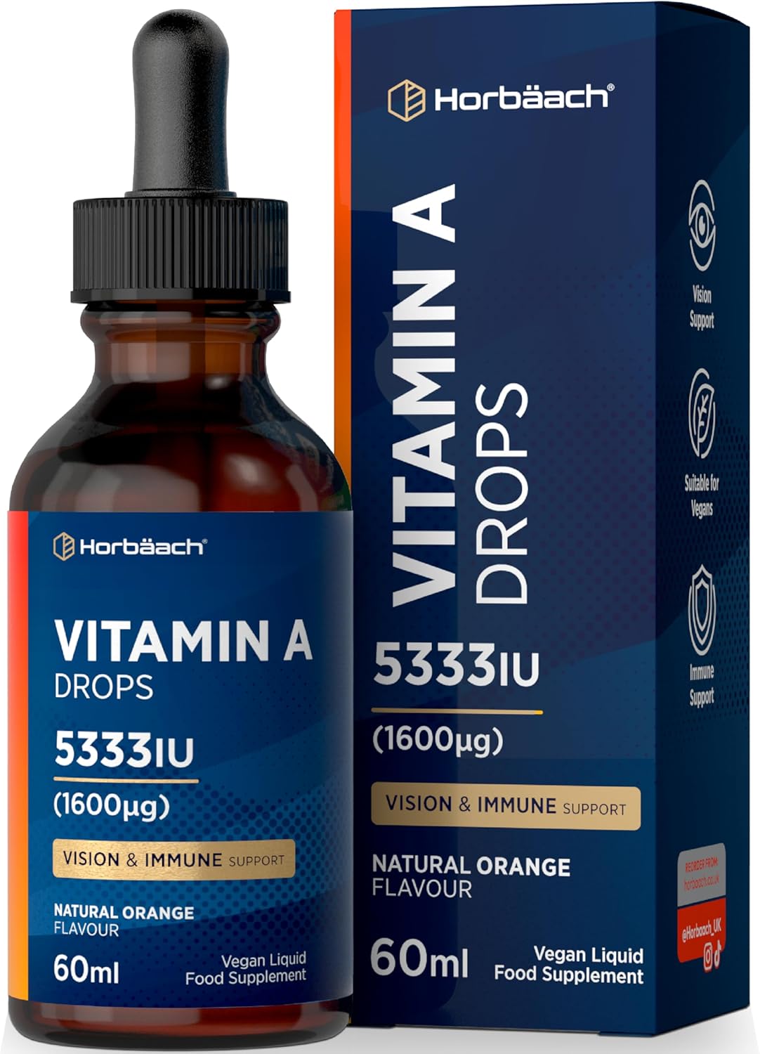 Vitamin A Supplement 5333 IU | 60ml Vegan Liquid Drops | High Strength Retinol Food Supplement | by Horbaach