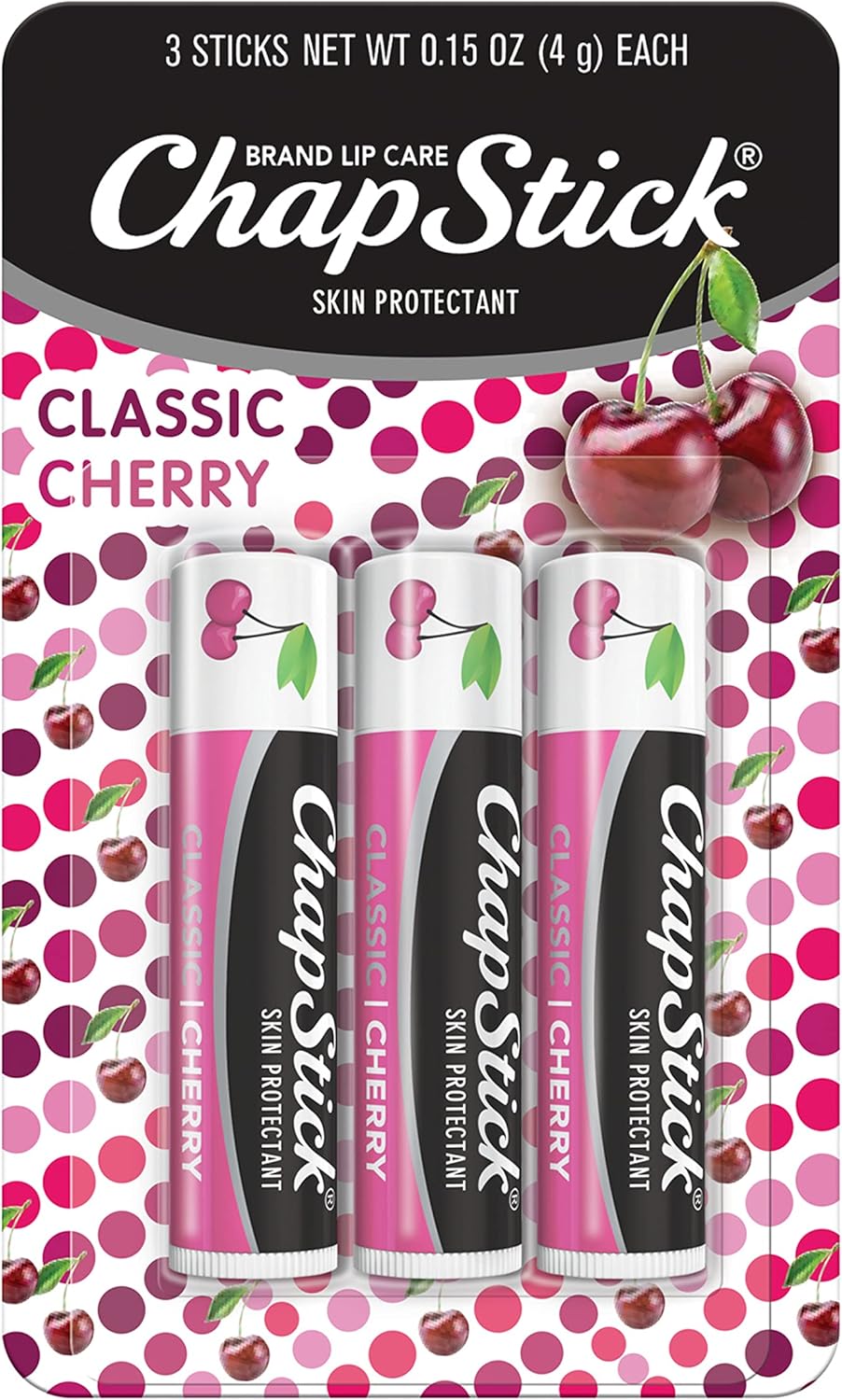 ChapStick Classic Skin Protectant Flavored Lip Balm Tube, Cherry Flavor, 0.15 Ounce (Pack of 3)