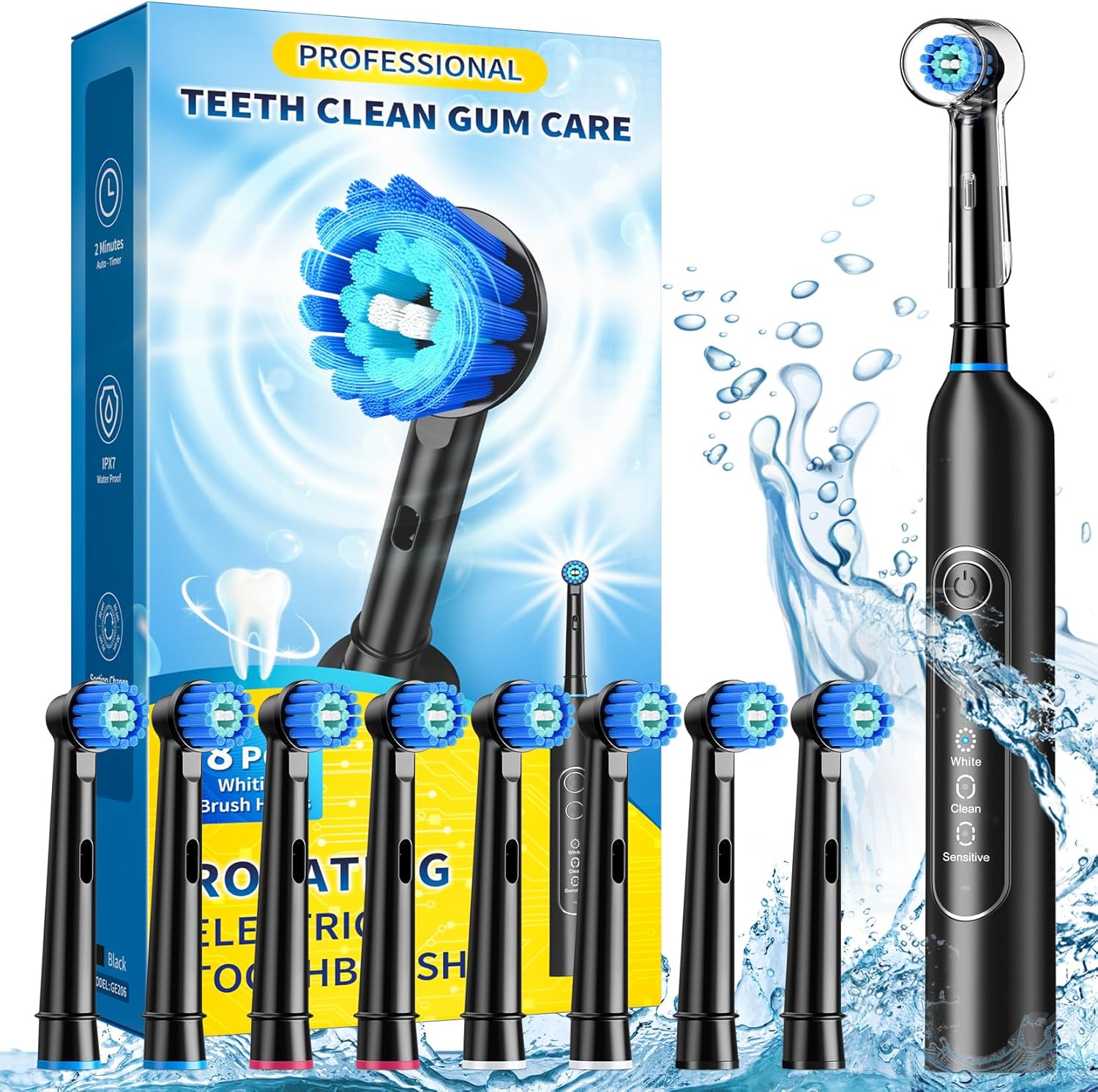 Rotating Electric Toothbrush for Adults with 8 Brush Heads, Sensitive Gum Care Electric Toothbrush with 3 Modes and 2 Min Smart Timer, Rechargeable Last 60 Days
