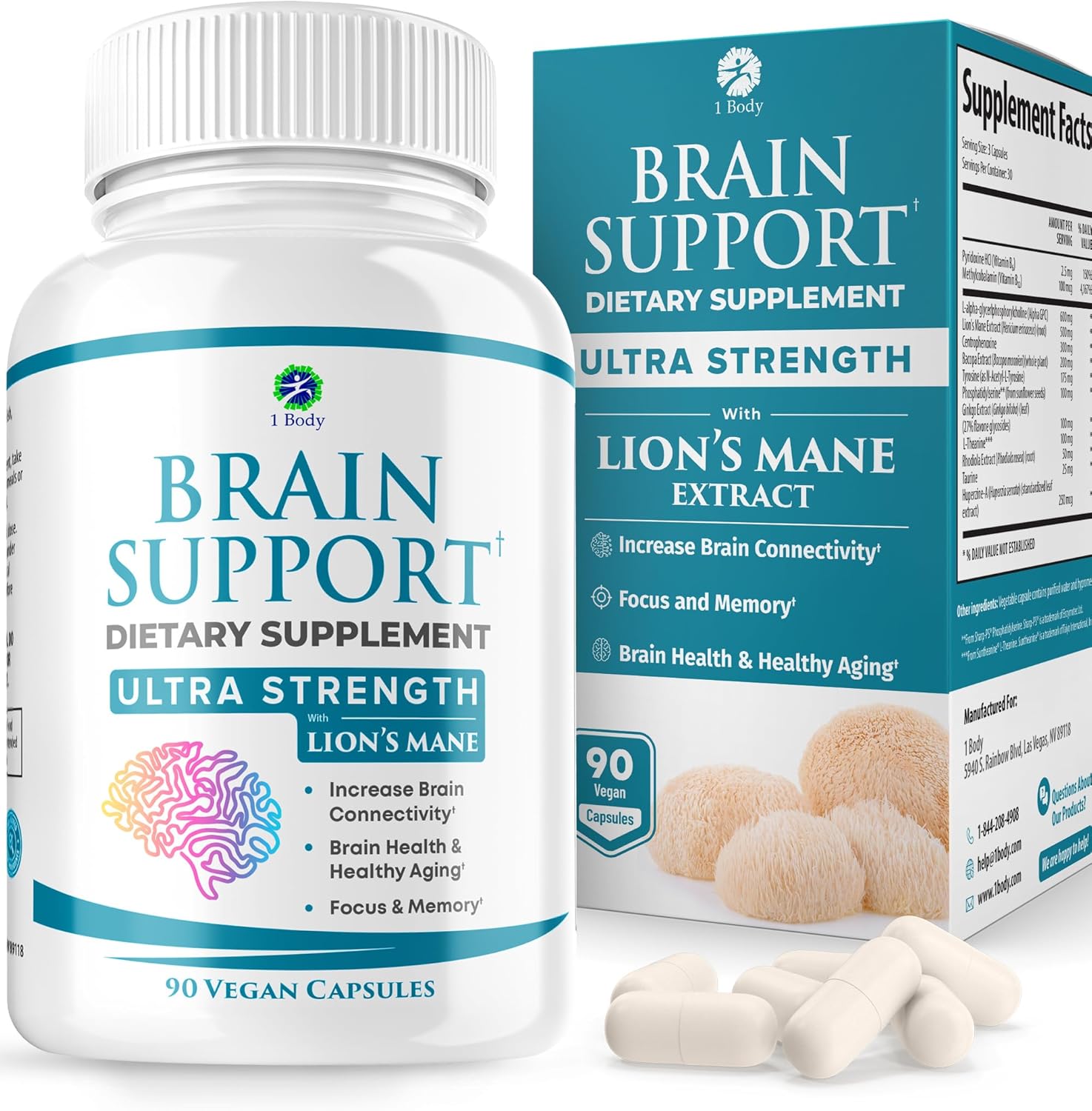 1 Body Brain Supplement – Nootropic Brain Booster with Alpha GPC, Ginkgo & Bacopa – 90 Vegan Capsules – Memory Supplement for Brain Support, Focus Pills, Brain Fog Supplements for Women and Seniors