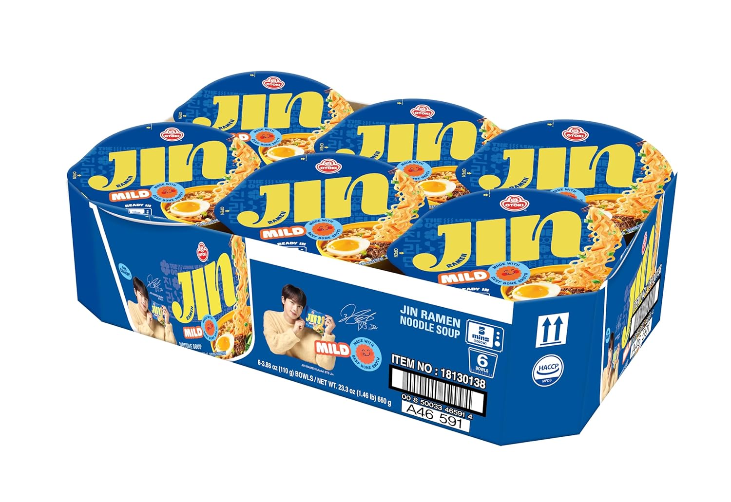 OTOKI Jin Ramen Mild Bowl, BTS Jin & JIN Ramen Edition, Authentic Korean Instant Noodles with Beef Bone Broth, Savory & Mild Flavor, Ready in 5 Minutes 3.88oz x 6 Pack