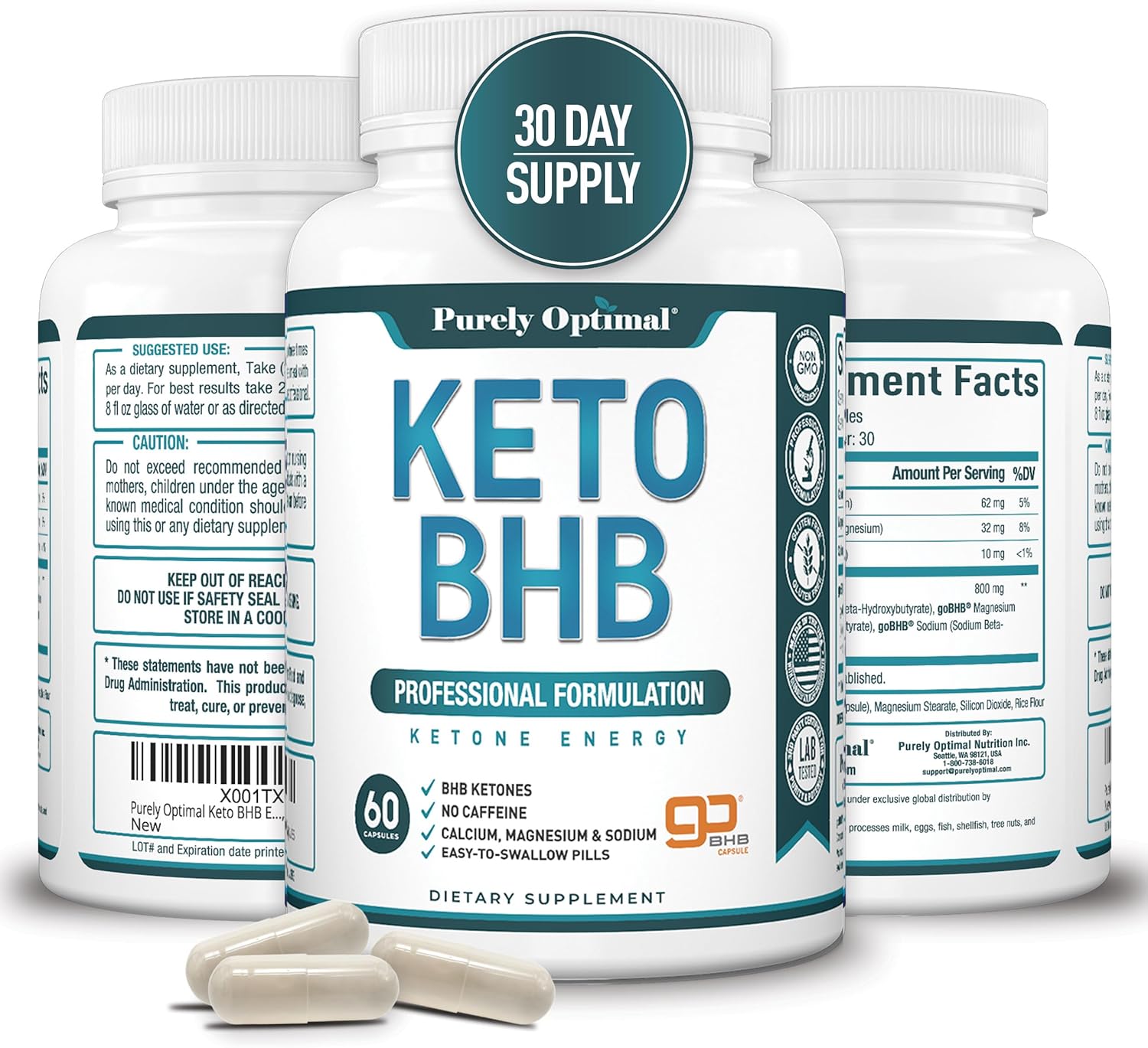 Purely Optimal Keto BHB Exogenous Ketones Supplement - Keto Diet Pills for Ketosis, Energy, Focus, Metabolism - for Women and Men (60 Capsules)