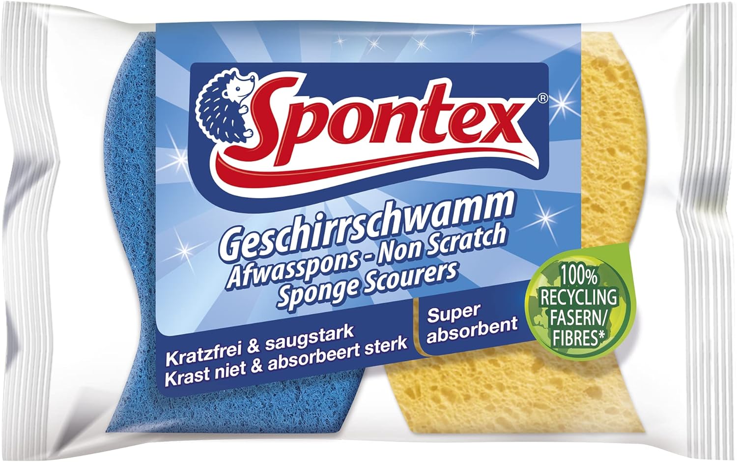 Spontex 2 Spongy Non Scratch Scourers, Yellow Sponge Blue Scourer