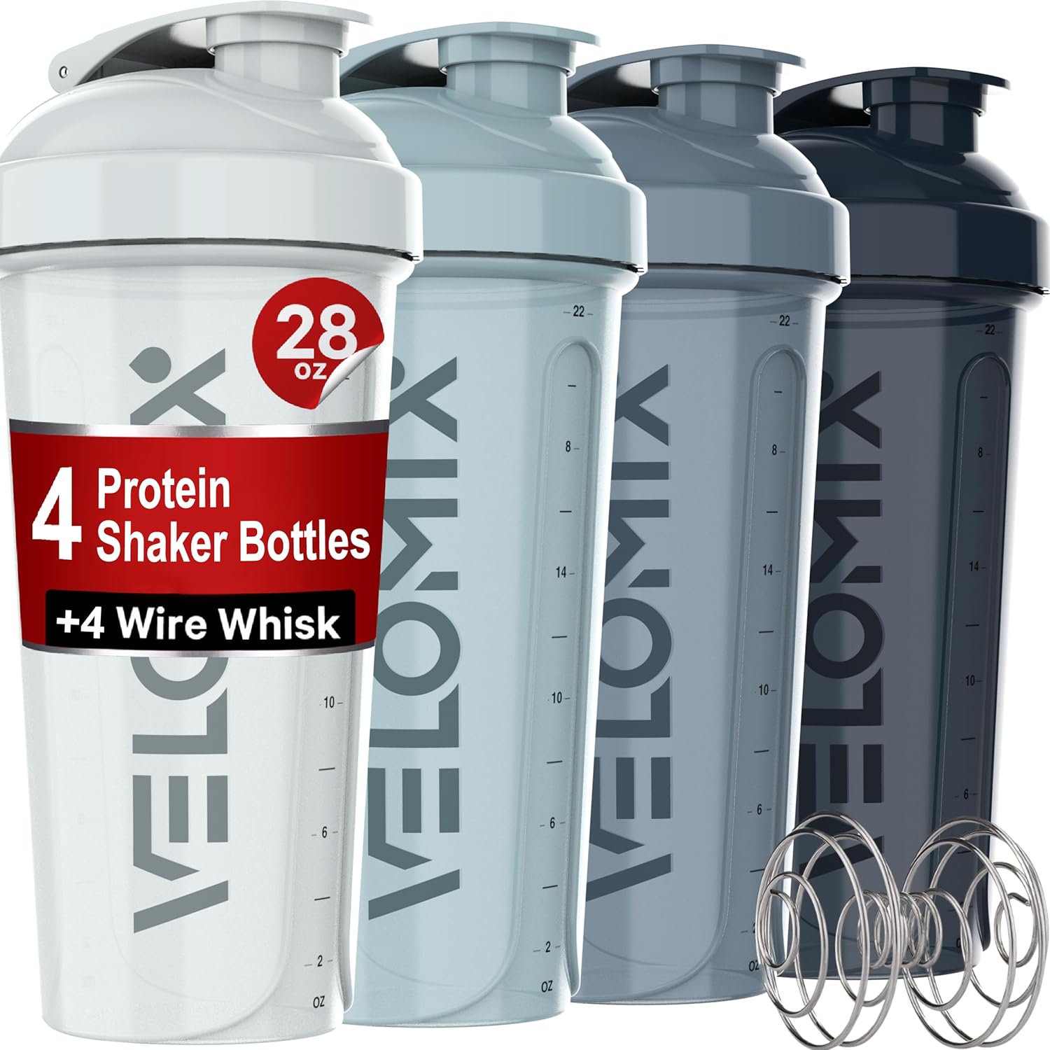 -4 PACK- 28 oz Shaker Cups for Protein Shakes - 4x Wire Whisk | Leak Proof Protein Shaker Bottles for Protein Mixes | Protein Shaker Bottle Pack | Mixer for Protein Shakes