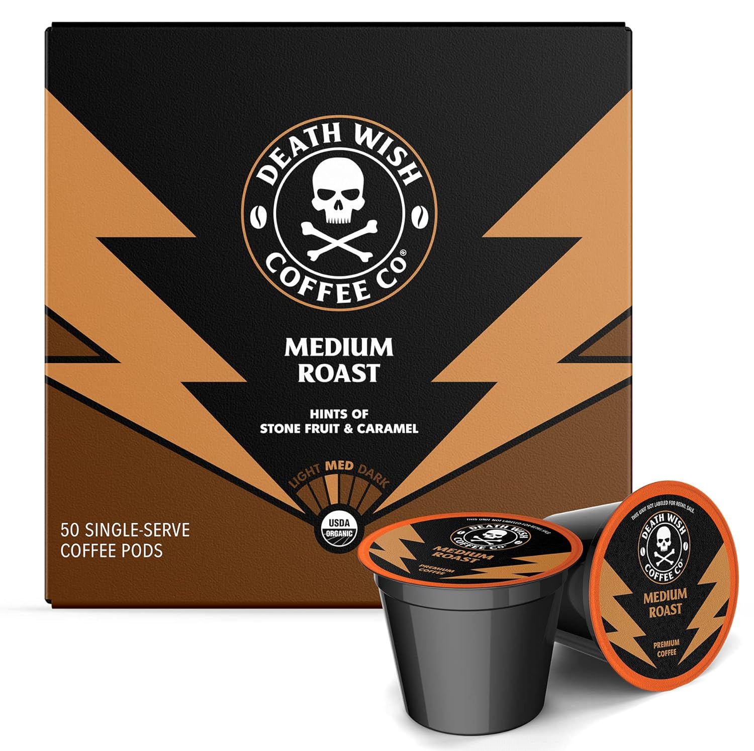 Death Wish Coffee Co. Medium Roast Single Serve Pods - Lighter Blend of Bold Arabica & Robusta Beans - USDA Organic Bold Full Body Roast for a Day Lift (50 Count)