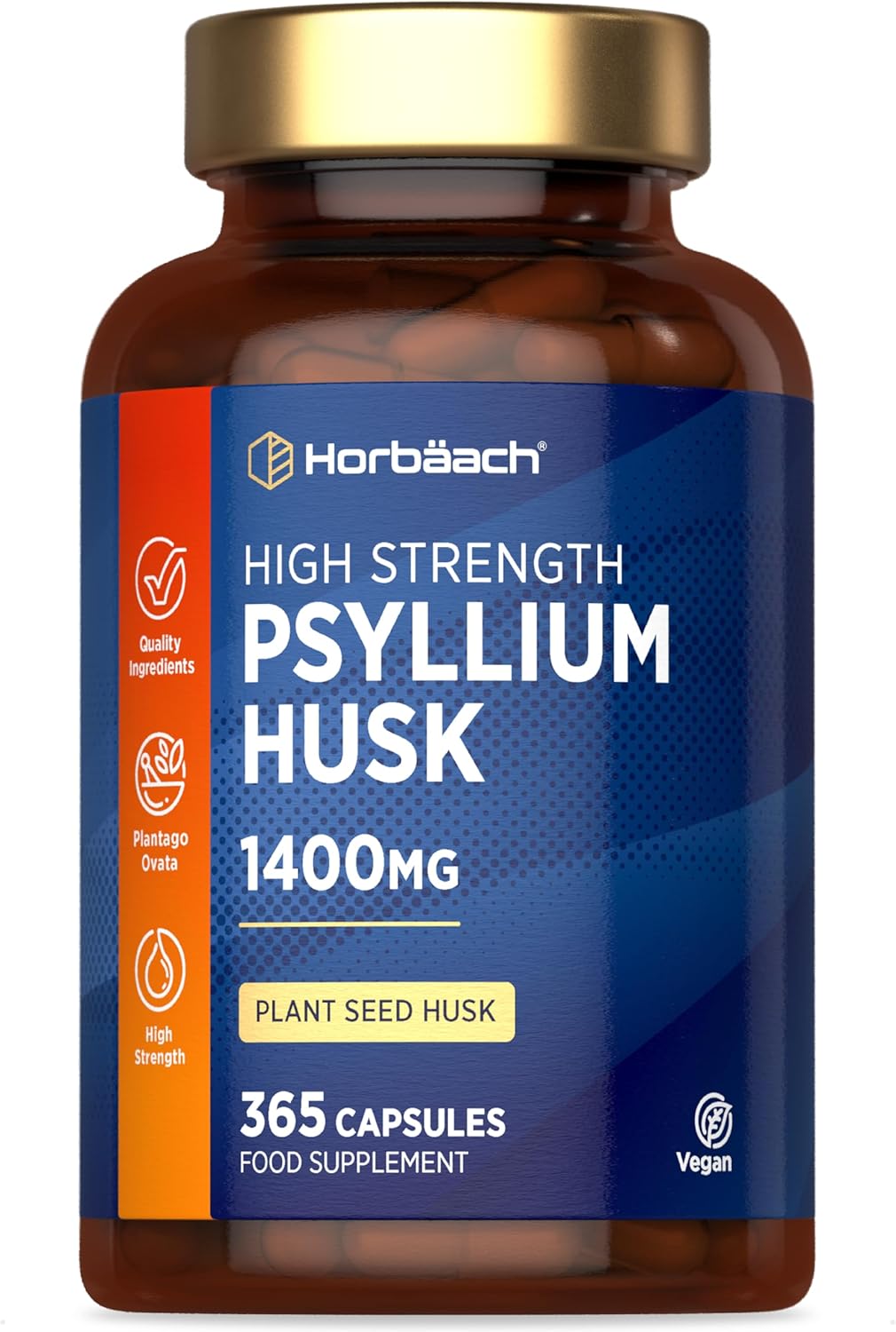 Psyllium Husk Capsules 1400mg | Fibre Supplement | 365 Vegan Capsules (6-Month Supply) | High Strength Psyllium Husk Powder | Natural Prebiotic | by Horbaach