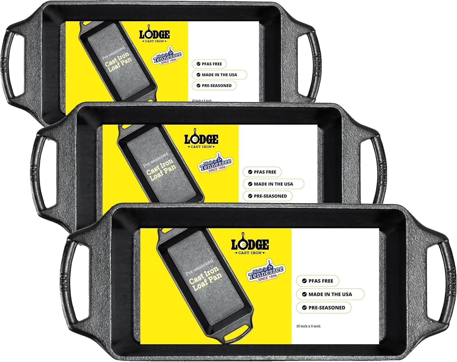Lodge Cast Iron Loaf Pan 10 Inch | Pre-Seasoned | Dual Handles | Made in USA | Pack of 3