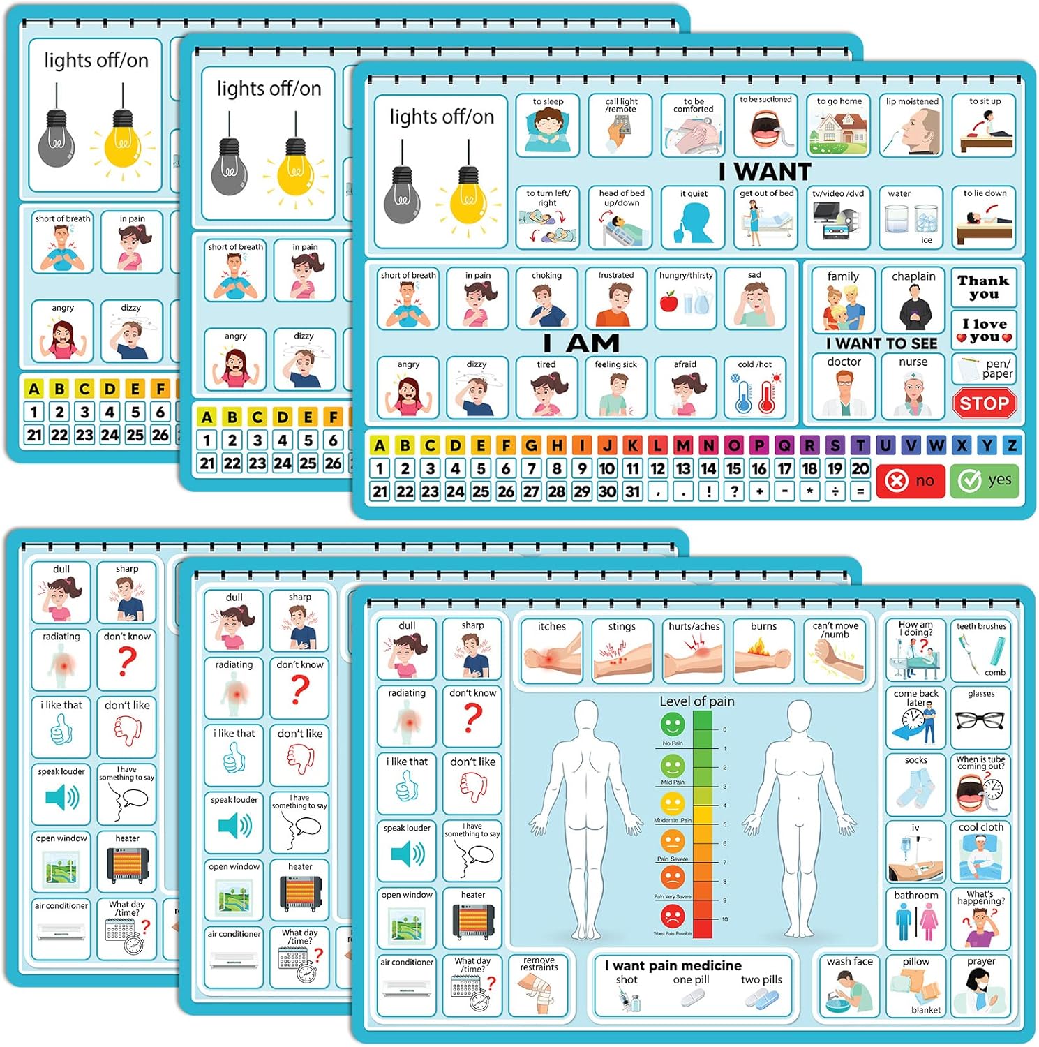 6 Pcs Communication Board for Nonverbal Adults Aphasia Colorful Picture Symbol Communication Cards for Patients Children(Blue)