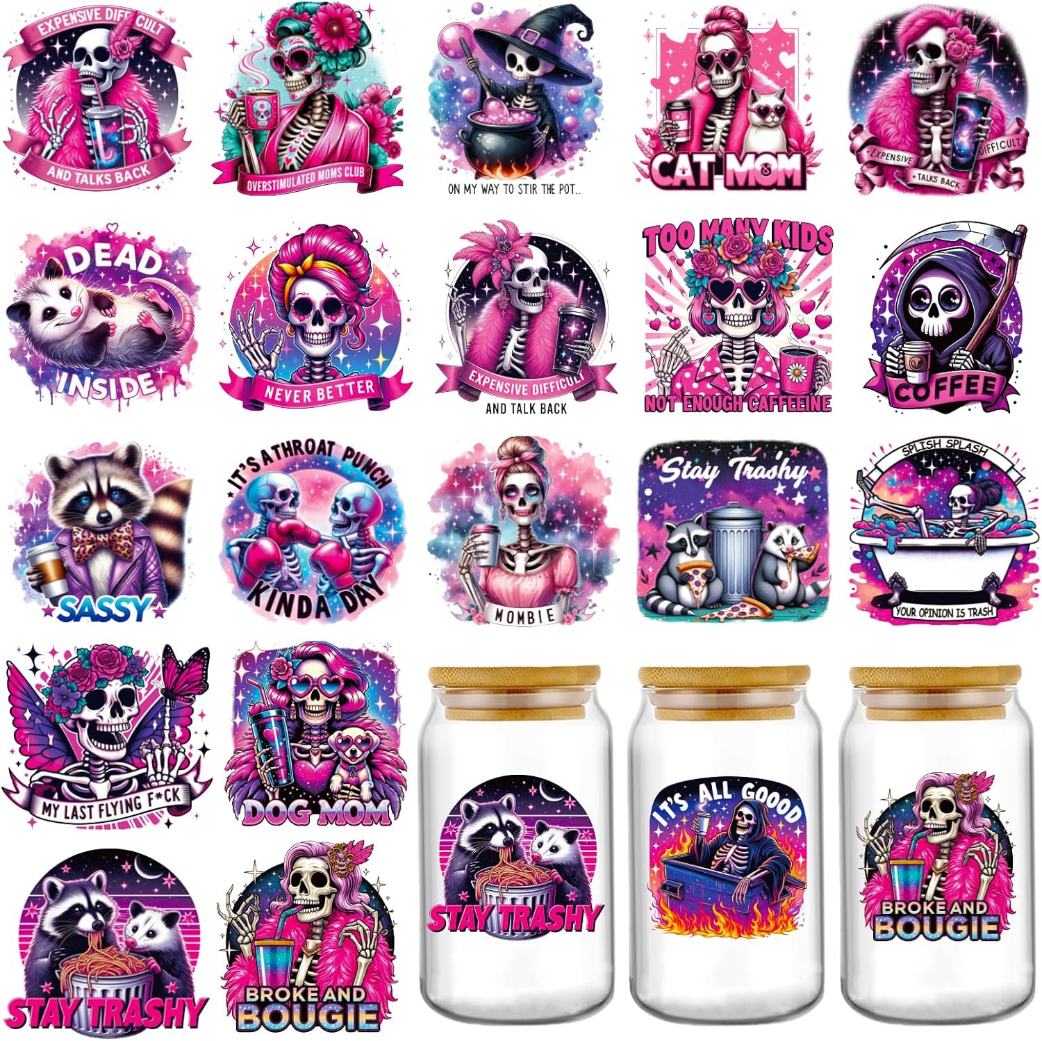 Funny UV DTF Stickers - 20 Sheets Cute Pink Cat Mom UV DTF Cup Wraps for 16 20 oz Glass, Fun Skeleton Raccoon Waterproof Transfer Sticker Decals DIY Water Bottle Coffee Mug Craft Decoration