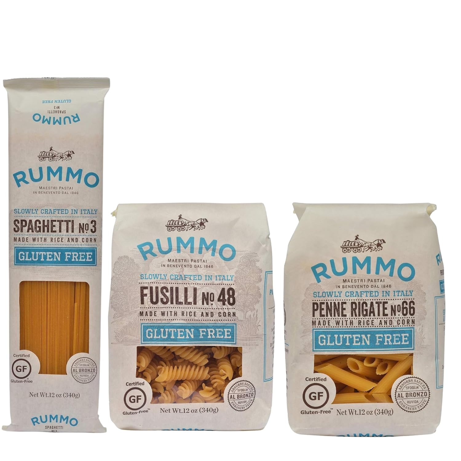 Rummo Gluten Free Pasta Variety Pack - Spaghetti Noodles, Fusilli, Penne Rigate, Made with Rice & Corn, Pasta from Italy - 16 Ounce (Pack of 3)