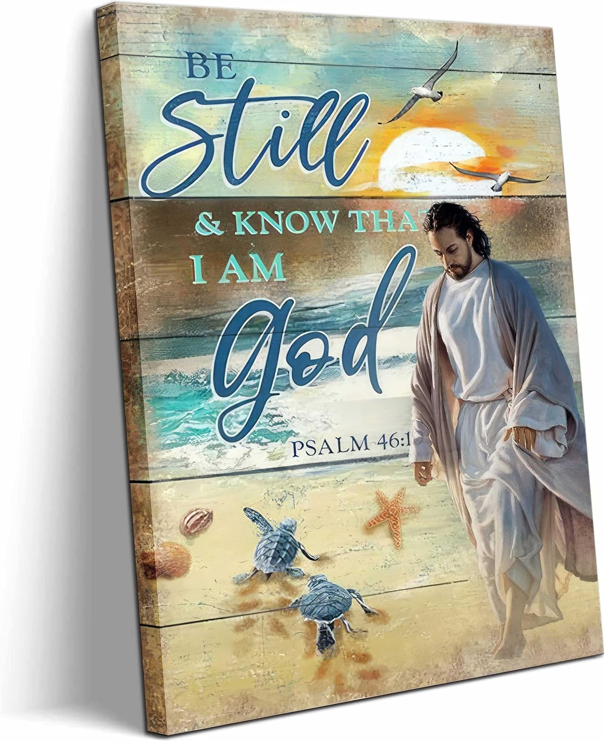 Framed Jesus Canvas Wall Art Christian Pictures Decor Jesus Walking on Water Posters Prints Beach Turtle Scripture Bible Verse God Religion Paintings Wall for Living Room Bedroom Church Decoration