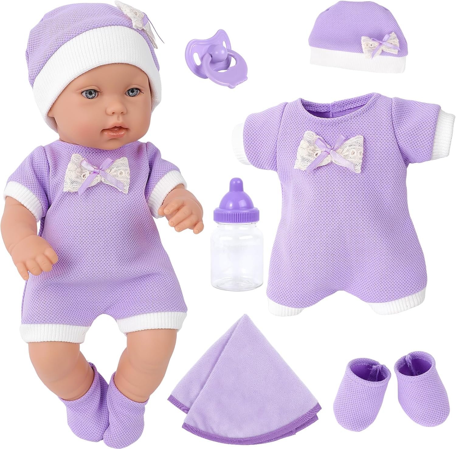 ZNTWEI 12 Inch Baby Doll Playset with Reborn Baby Dolls Clothes and Accessories Including Purple Jumpsuit, Hats, Socks, Bottles, Nipple, Blanket