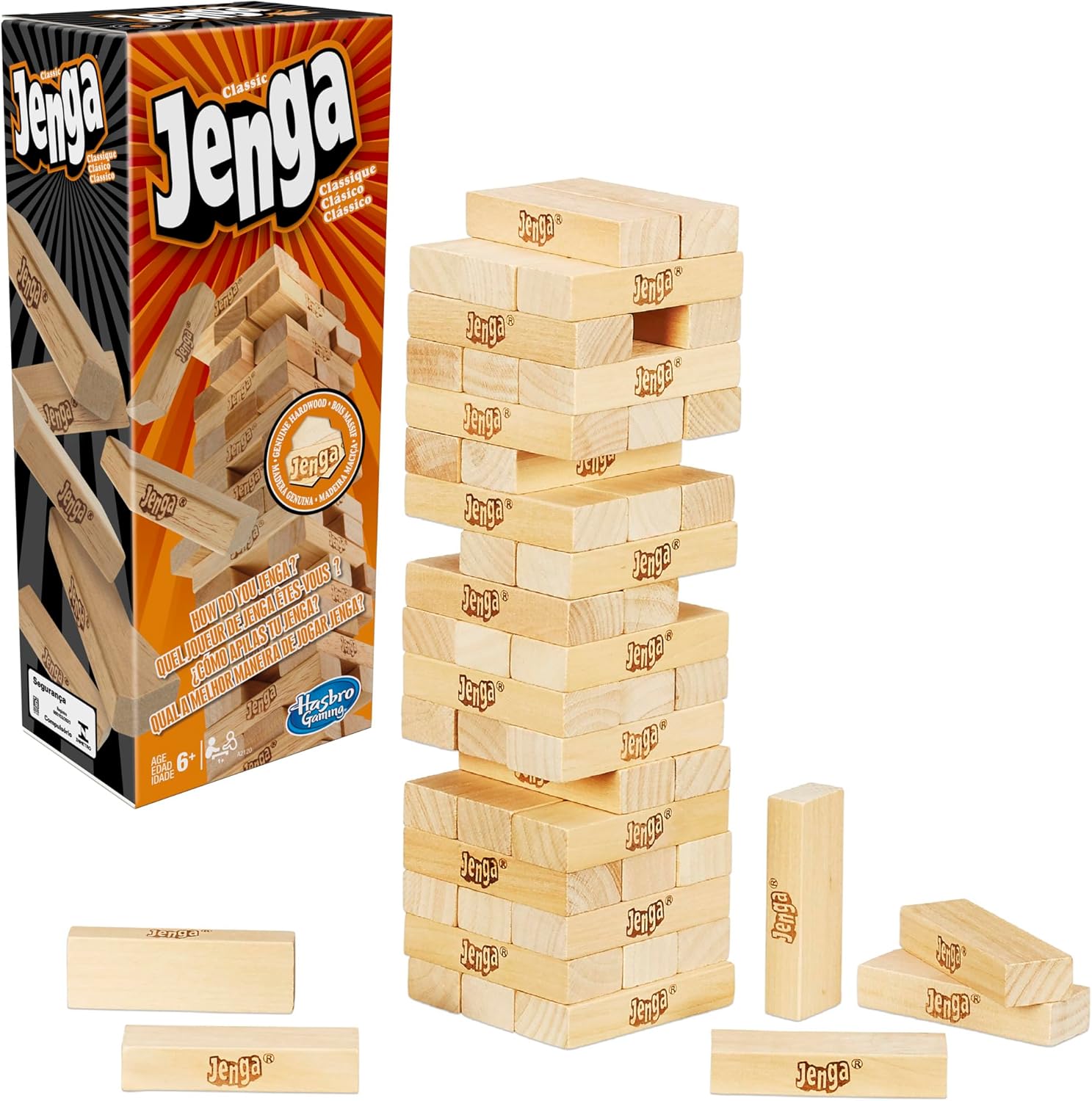 Jenga Game | The Original Wood Block Game with Genuine Hardwood Blocks | Stacking Tower | Ages 6+ | 1 or More Players | Party Games for Kids | Family Games