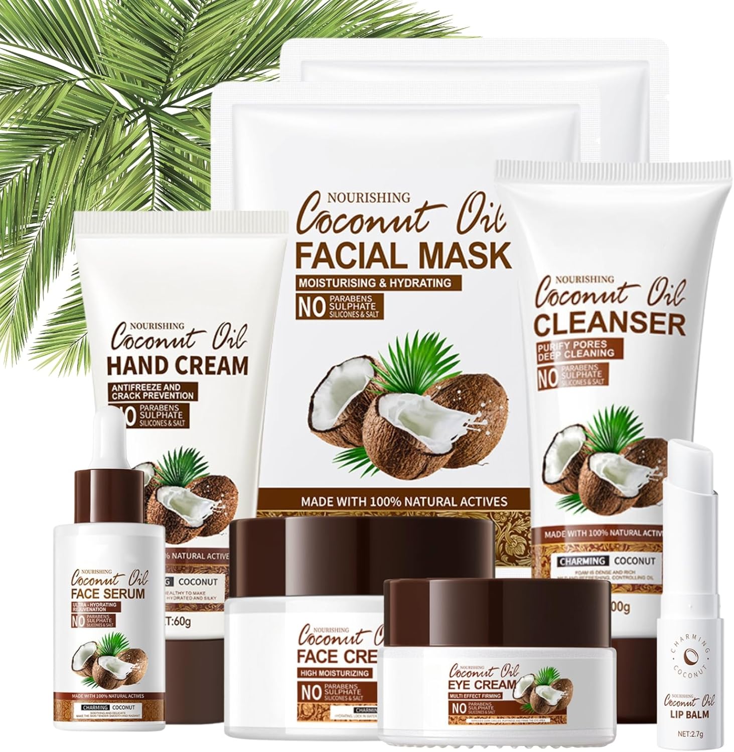 Coconut Oil Skin Care Sets & Kits - Skin Care Gift Set for Women - Christmas Day Gifts for Her - Skincare Set Cleanser, Serum, Face Cream,Eye Cream, Hand Cream, Face Mask, Lip Blam (8pcs)