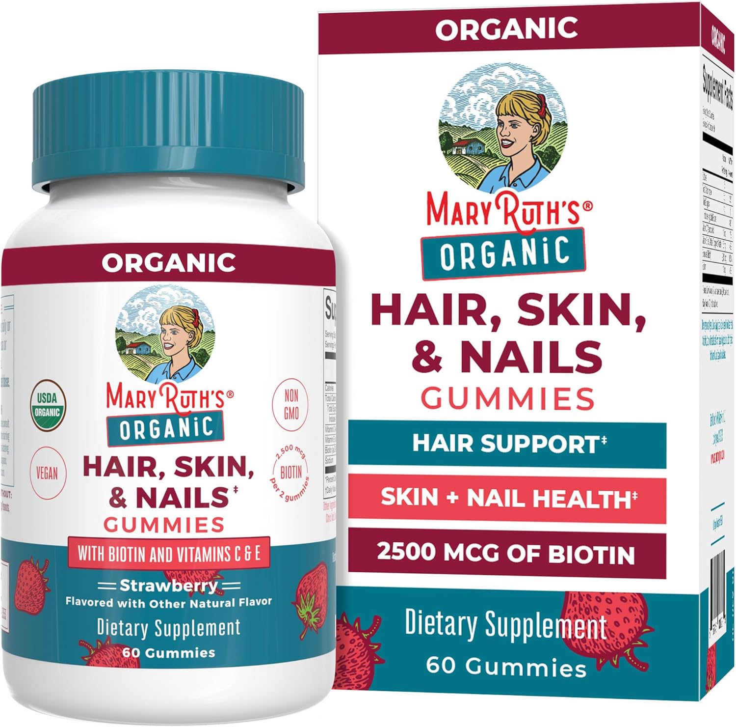 MaryRuth Organics Hair | Skin | and Nails Vitamins | Biotin Gummies with Vitamin C & Vitamin E | Hair Growth Vitamins | Skin Care | Nail Strength | USDA Organic Gummies for Ages 14+ | 60 Count