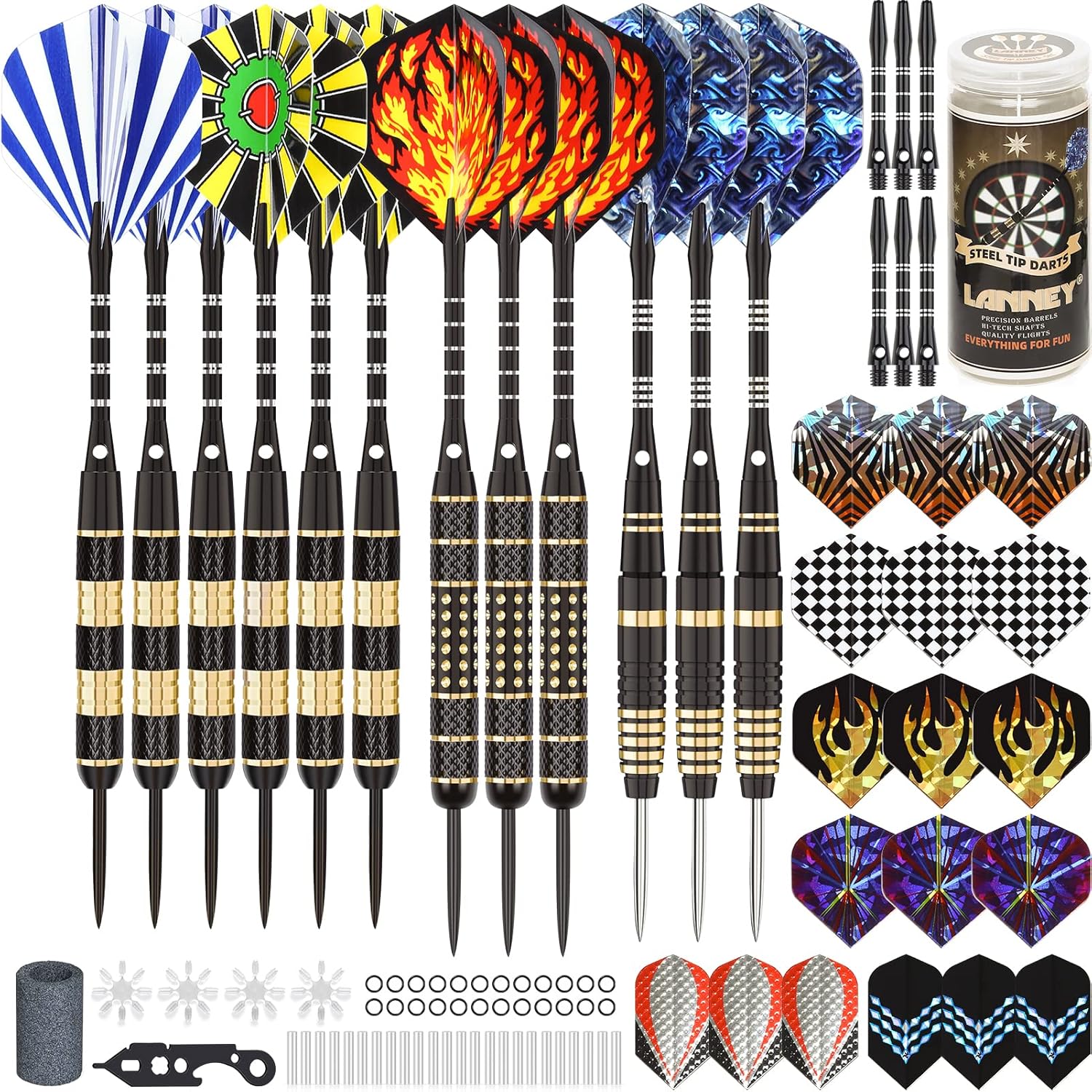LANNEY Darts Metal Tip Set, Steel Tip Darts Set 20 Grams 24 Grams and 26 Grams Professional Darts for Dartboard with Aluminum Shafts, Brass Barrels, Extra Flights, Sharpener Tool Kit, Carrying Case