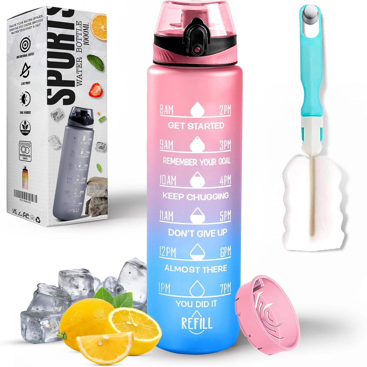 K-MART Water Bottle 1L, Sports Water Bottle with Time Markings, BPA-Free, Leak-Proof Drinks Bottle, Perfect for Running, Cycling, Gym, Yoga, Camping and Outdoor Activities, Pink & Blue