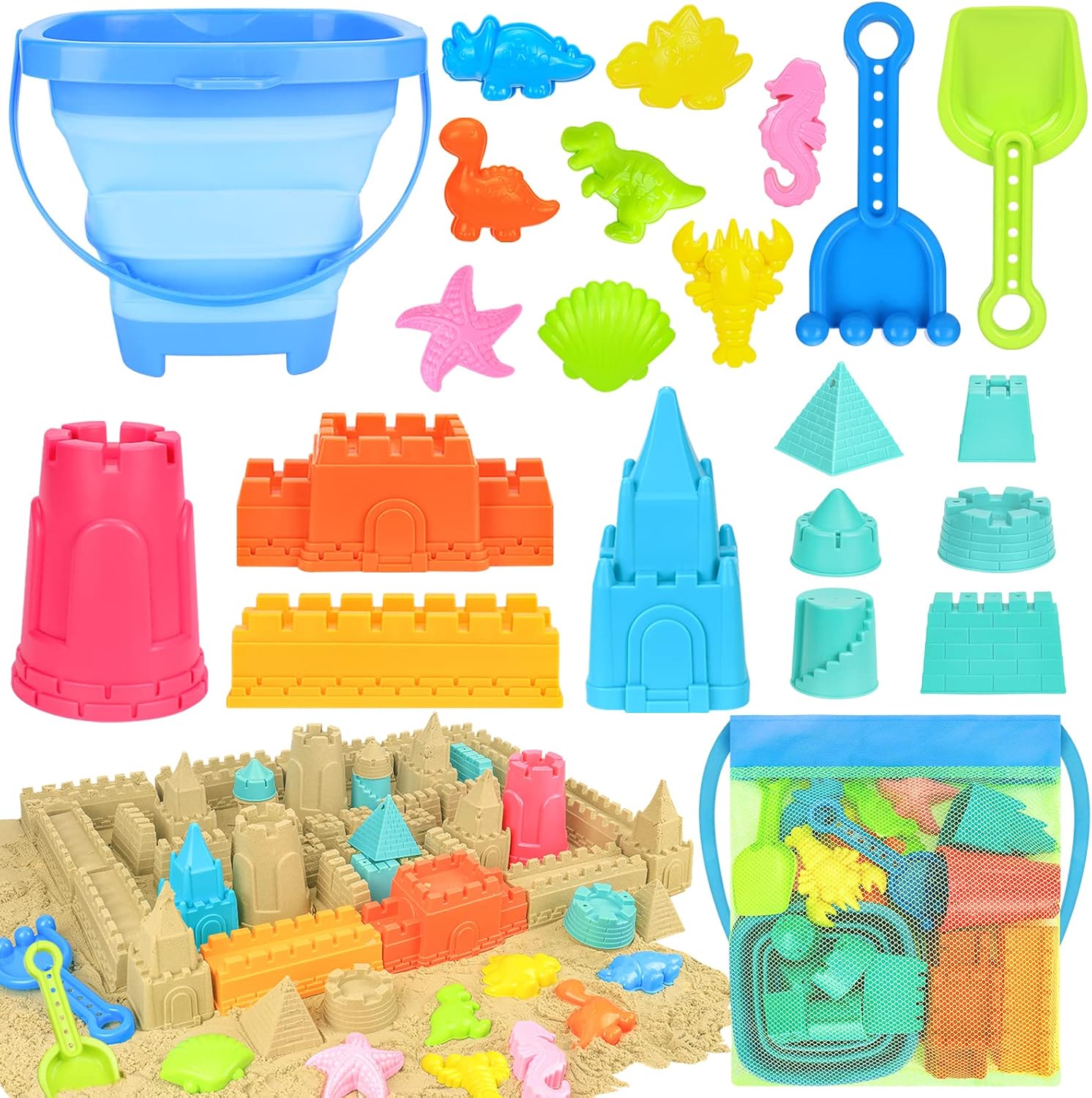 Collapsible Beach Toys for Kids Toddlers, Collapsible Sand Bucket and Shovels Set with Mesh Bag,Travel Sand Castle Building Kit, Sandbox Toys, Foldable Beach Essentials for Toddlers Kids Age 3-10 