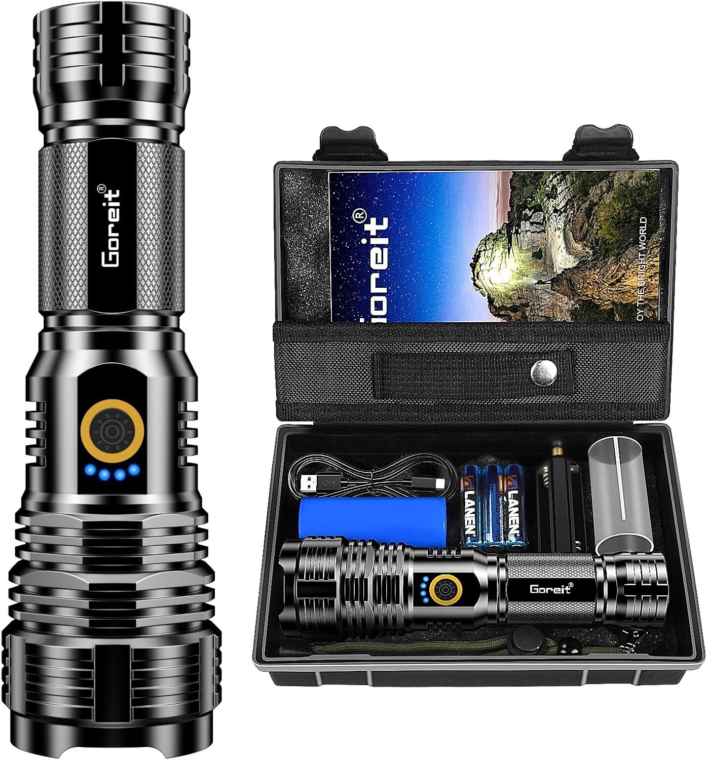 Flashlights LED High Lumens Rechargeable, Goreit 950000 Lumens XHP70.2 Super Bright Flashlight, Flash Light Battery Powered, Powerful Handheld Flashlight with holster for Emergency Camping Hiking Gift