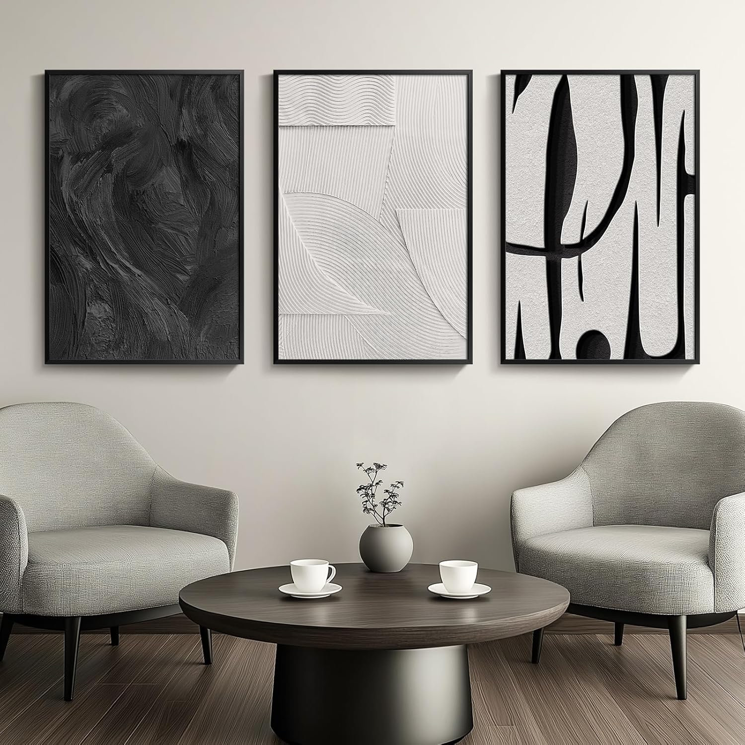 Large Framed Black and White Abstract Wall Art for Living Room, 3 Piece Canvas Prints Paintings Artwork for Walls, Modern Minimalist Pictures for Hallway Stair Office Wall Decor -Total Size 30x60 Inch