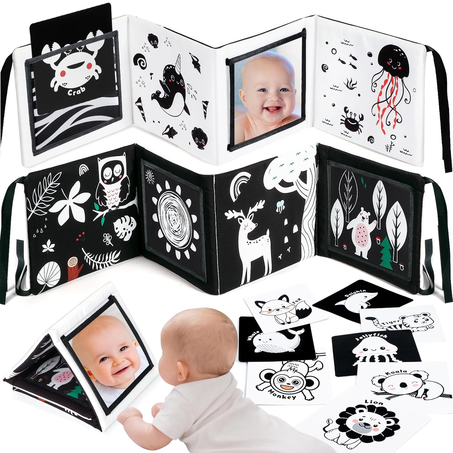 URMYWO Black and White Baby Toys, Tummy Time High Contrast Newborn Toys 0-3 Months, Baby Boy Girl Gifts, Visual Stimulation Learning Activity Cards, Soft Baby Book, Montessori Infant Toys 0-12 Months