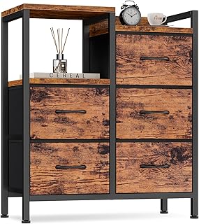 Furnulem 5 Drawer Rustic Dressers for Bedroom 2 Tier Shelf Storage Small Fabric Dresser for Closet Sturdy Metal Frame Modern Dresser Bedroom Dresser with Drawers for Hallway Rooms