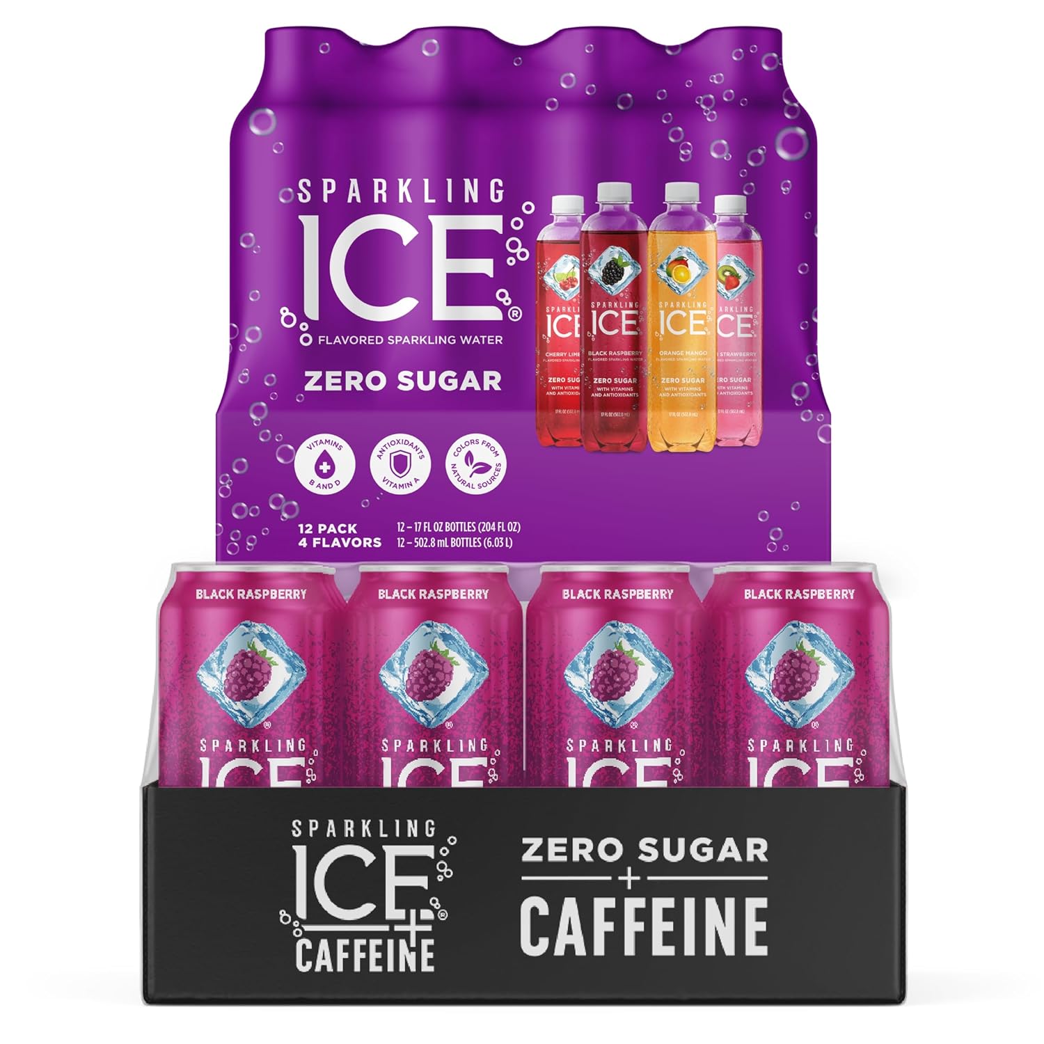 Sparkling Ice Black Raspberry Variety Pack with Caffeine, Zero Sugar Flavored Sparkling Water with Antioxidants, Vitamins, and Zero Calories (16 fl oz Cans, 12 count)