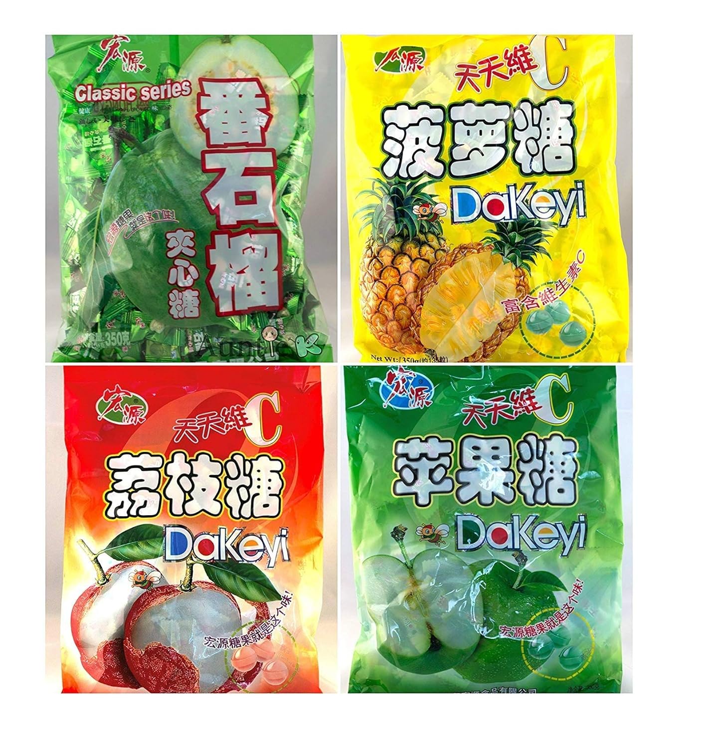 Hong Yuan Classic Series Pineapple Guava Green Apple Lychee Candy 4 Pack 12.3 oz Dakeyi with FREE Candy Samples