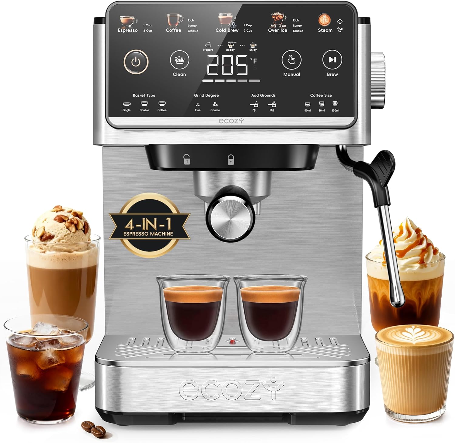 ecozy 4-in-1 Espresso Machine and Coffee Maker Combo with Milk Frother, All in One with Cold Brew & Over Ice, Interactive Touch Screen, Brezzano Elite Series for Cappuccinos, Lattes, Americanos