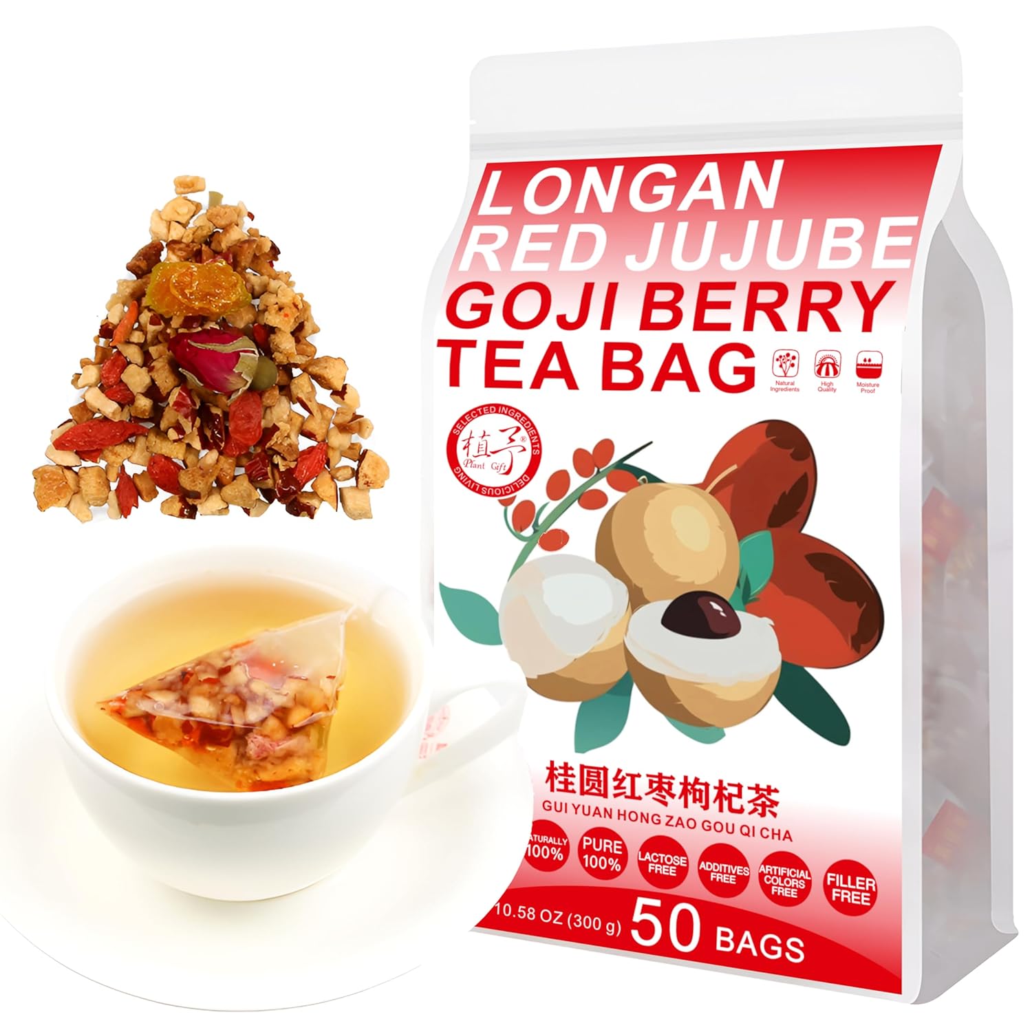 Plant Gift 50 cups Longan Goji Berry Tea Bags (桂圆红枣枸杞茶 GUI YUAN HONG ZAO GOU QI CHA) Dried Longan, Wolfberry, Rose, 10.58oz (6g*50bags / 300g) Combination of Floral Tea