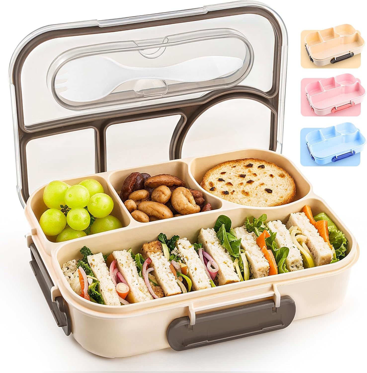 EASYFUN Bento Box Adult, Lunch Box Kids, 4-Compartment Lunch Containers, Drop-Proof, Dishwasher Safe & Made with BPA-Free Materials(Khaki)