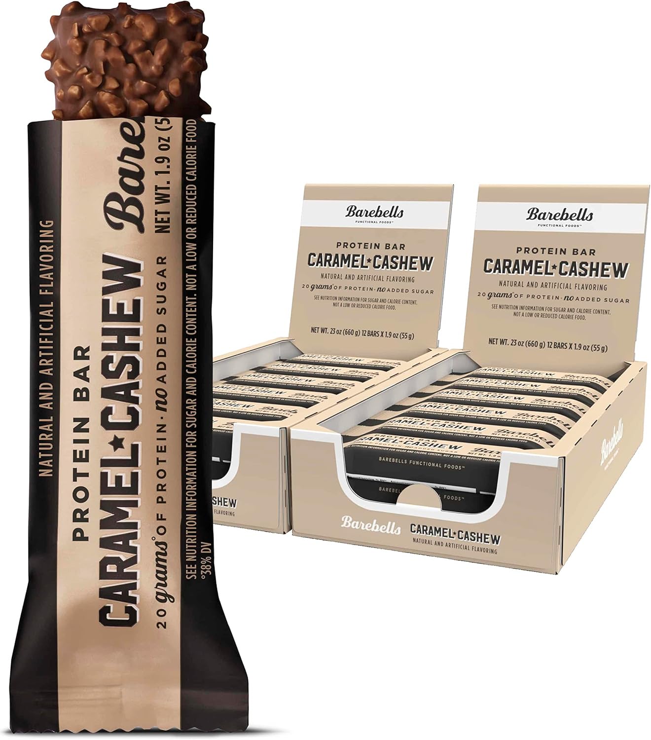 Barebells Protein Bars Caramel Cashew - 12 Count, Pack of 2 - Protein Snacks with 20g of High Protein - Chocolate Protein Bar with 1g of Total Sugars - Perfect on The Go Protein Snack & Breakfast Bars