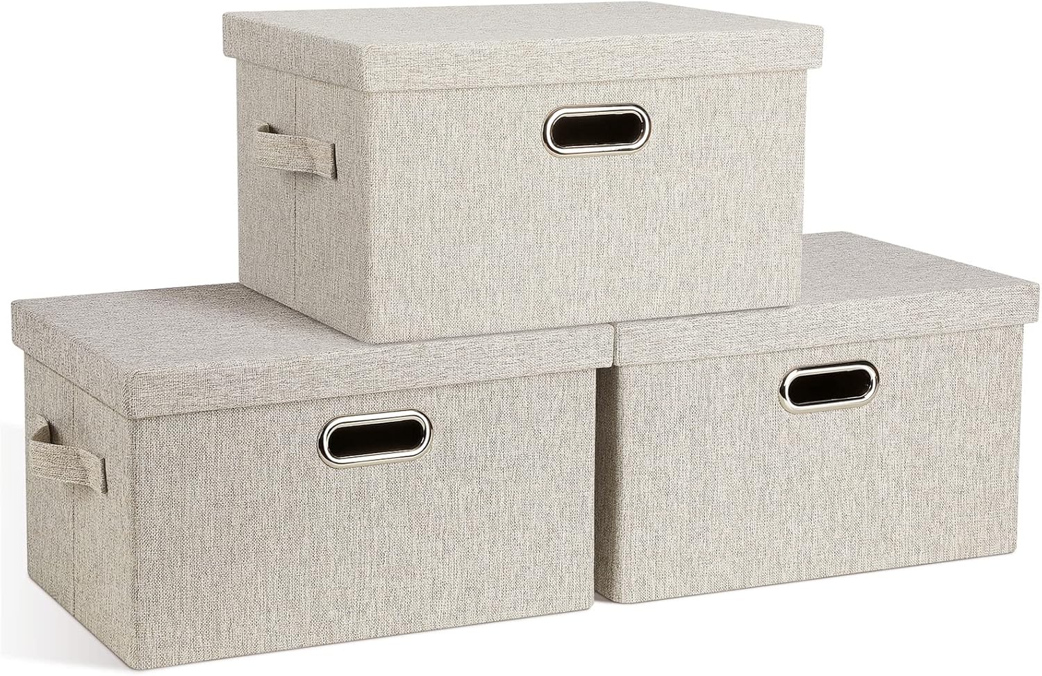 Medium 15" 21 Quart Collapsible Stackable Storage Bins with Lids, 3 Packs Beige Foldable Fabric Closet Boxes Lidded Storage Bins Heavy-duty Linen Baskets Organizers and Storage for Office