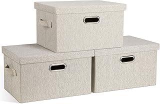 Medium 15" 21 Quart Collapsible Stackable Storage Bins with Lids, 3 Packs Beige Foldable Fabric Closet Boxes Lidded Storage Bins Heavy-duty Linen Baskets Organizers and Storage for Office