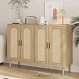 Rattan Sideboard Buffet Cabinet, 4 Doors Accent Storage Cabinet, Console Table Coffee Bar with Power Outlet, Adjustable Shelves for Kitchen, Dining Room, Hallway, Living Room, White