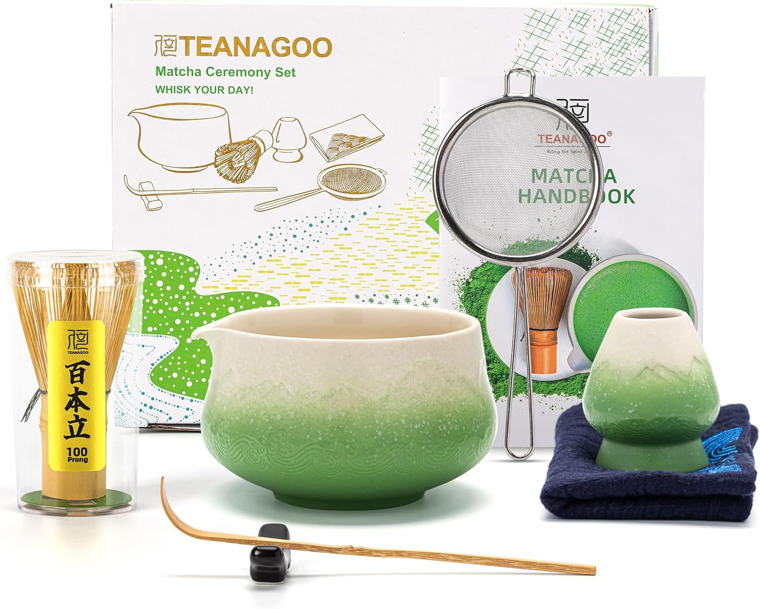 TEANAGOO 7 Pcs Matcha Set,Green Matcha Whisk Set, Ceremony Matcha Powder Kit,Matcha Tea Set for Making Latte,Matcha Whisk Set and Bowl with Scoop&Sifter,Fuji Design Ceramic Bowl,Gift for Matcha Lovers