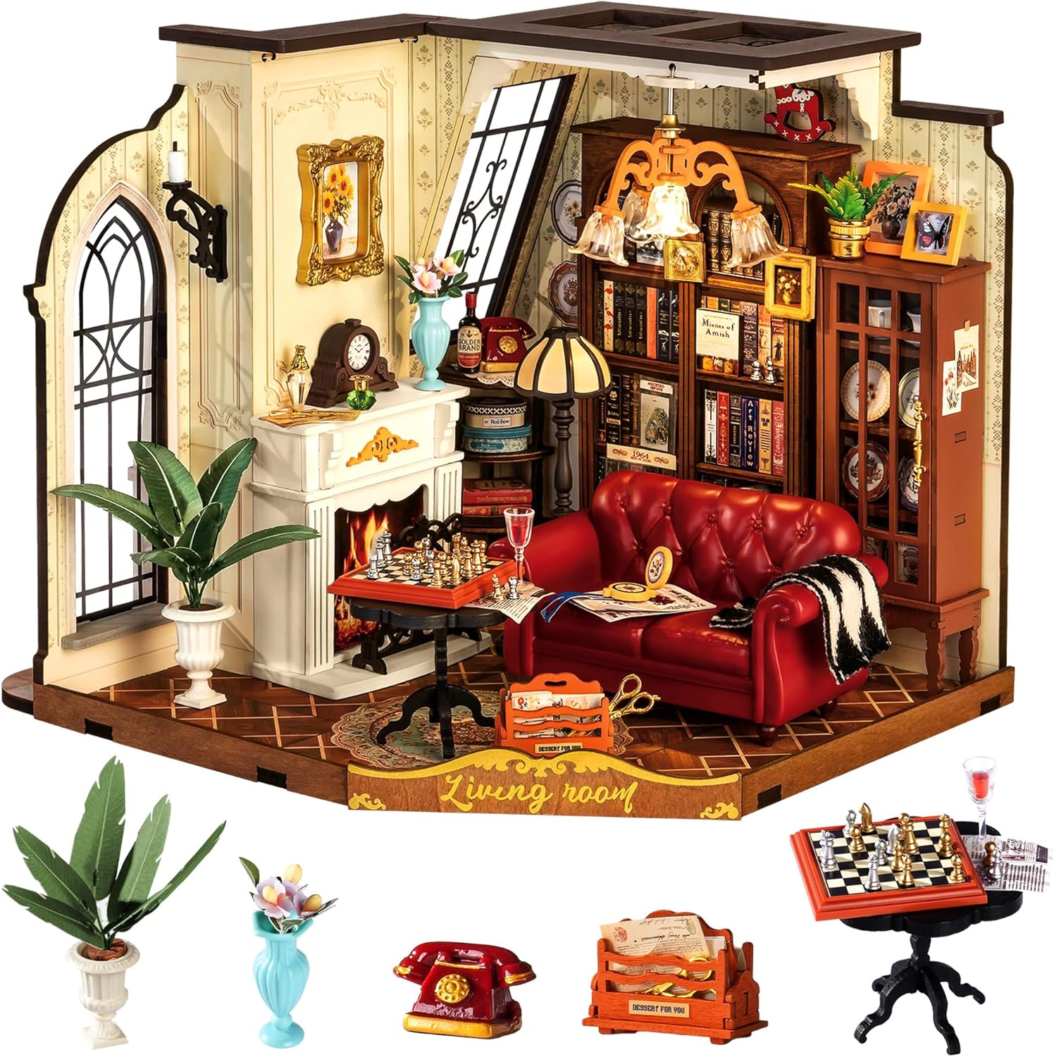 Rolife DIY Miniature House Catherine's Living Room Wooden Dollhouse Model Kit for Adults to Build Miniature Dolls House Home Decoration Birthday Gift for Girls