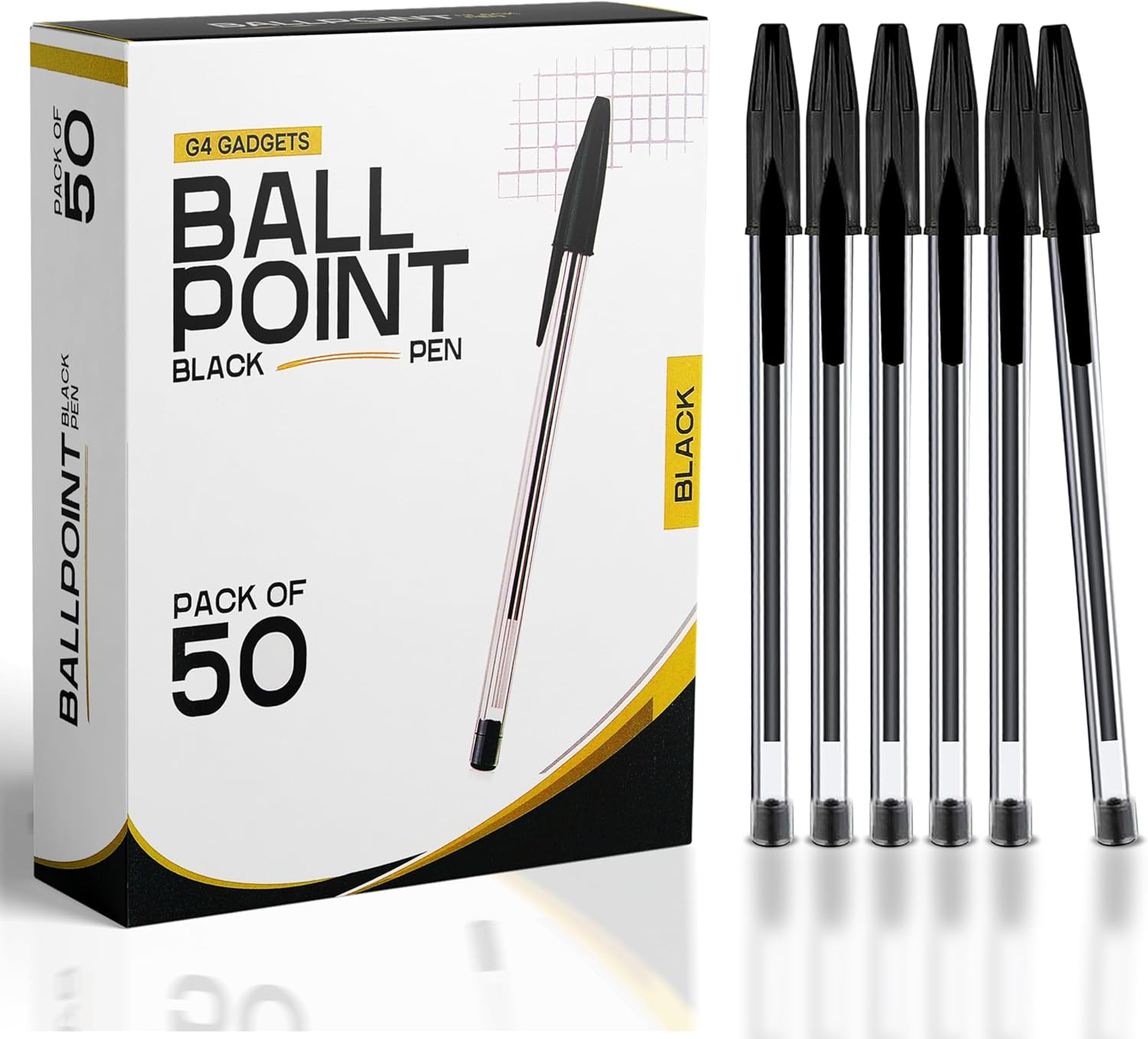 G4GADGET Pack of 50 Black Pens - Medium Tip Fluent Smooth Writing Black Biro Ballpoint Pens