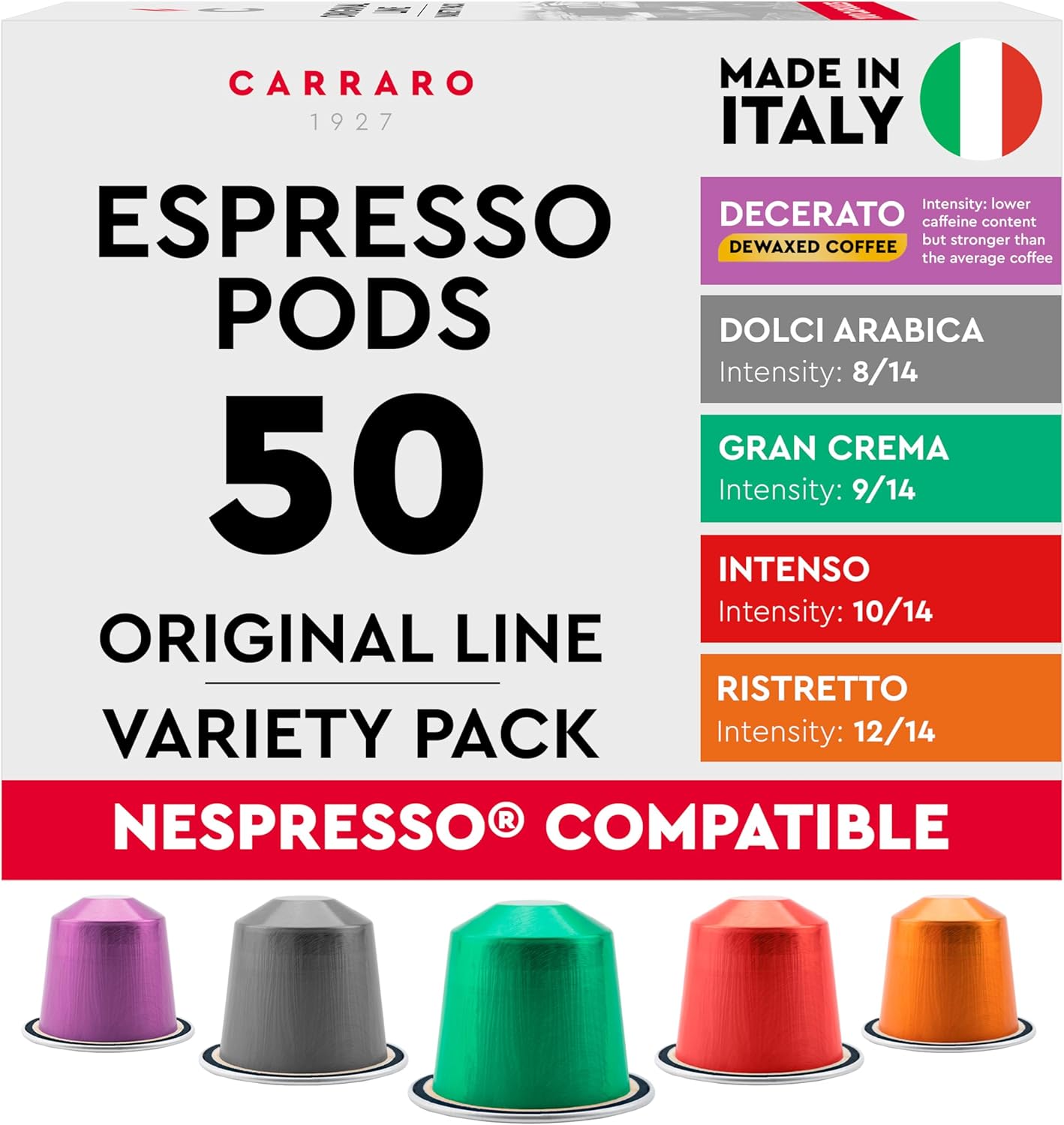 CARRARO 1927 Variety Pack Coffee Capsules - 50 Aluminium Coffee Pods Compatible with Nespresso Original line, Medium and Dark Roast, Made in Italy