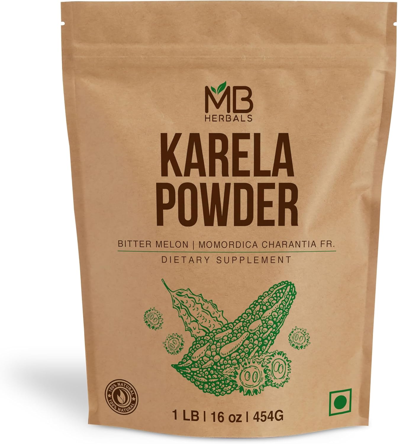 MB Herbals De-Seeded Karela Powder 454 Gram | 1 LB / 16 oz | 100% Pure Bitter Melon Powder | Momordica charantia Fr. | No Preservatives | Non GMO | Gluten Free