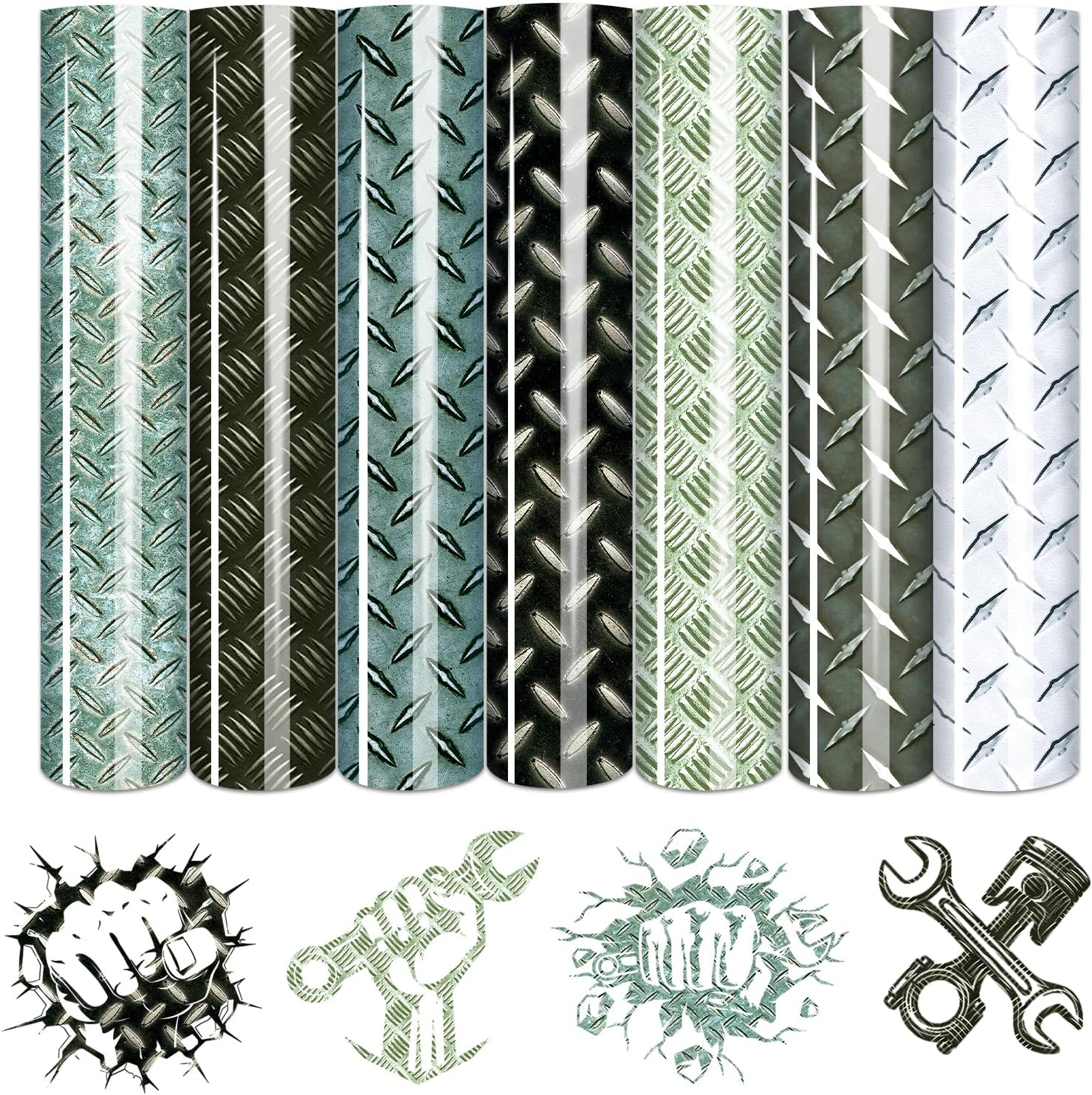 Tintnut Diamond Plate HTV Heat Transfer Vinyl - 7 Sheets 10x12 Inch Metal Plate Iron on Vinyl Pattern Printed HTV DIY T-Shirt, Hats, Clothing,for Cricut & Cameo