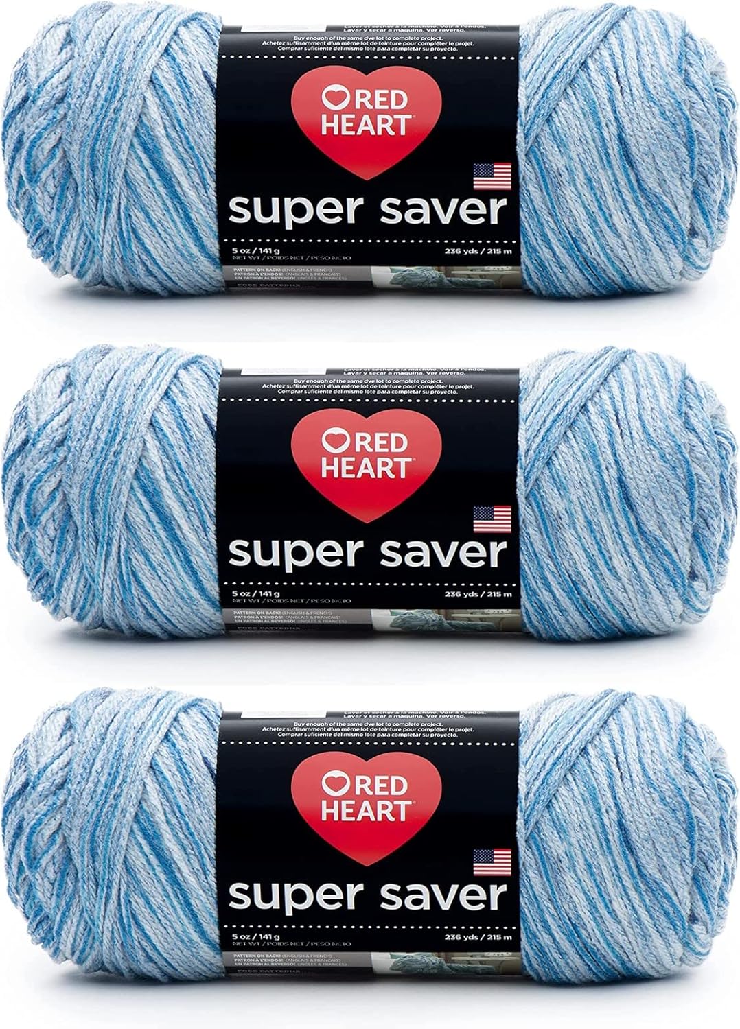 Red Heart Super Saver Lapis Yarn - 3 Pack of 5oz/142g - Acrylic - 4 Medium (Worsted) - 364 Yards - Knitting/Crochet