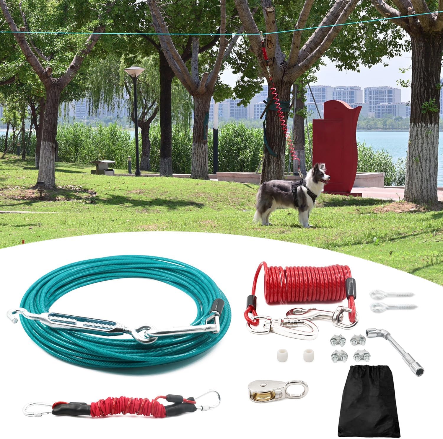 100FT Dog Run for Yard Heavy Duty with 10FT Tie Out Cable, Outdoor Leash Trolley System for Large Dog to 300Lbs