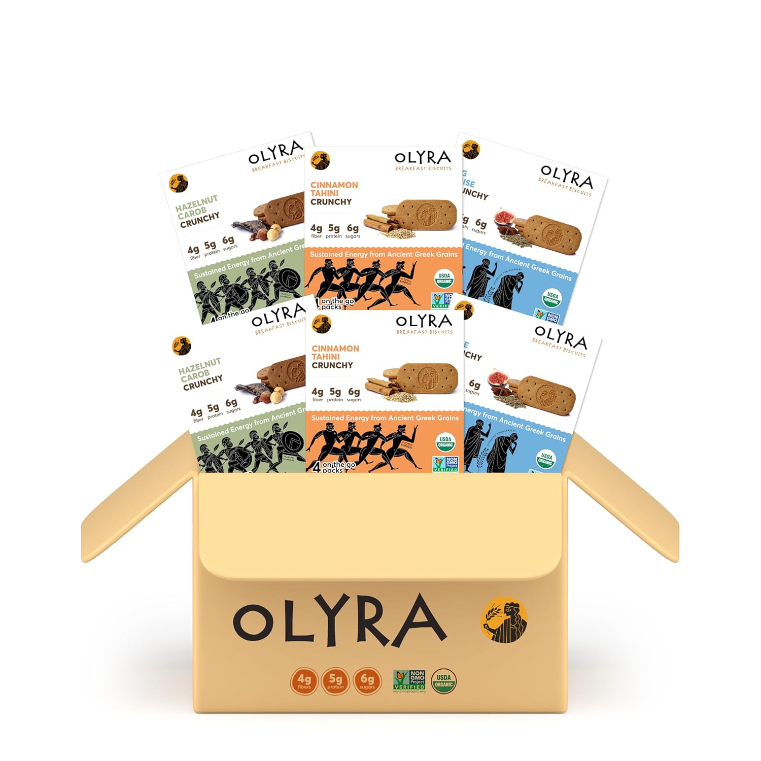 Olyra Breakfast Biscuits Crispy Variety Pack | Kids Healthy Snacks | Low Sugar, High Fiber, Plant-Based Protein Cookies | 4 Count (Pack of 6)
