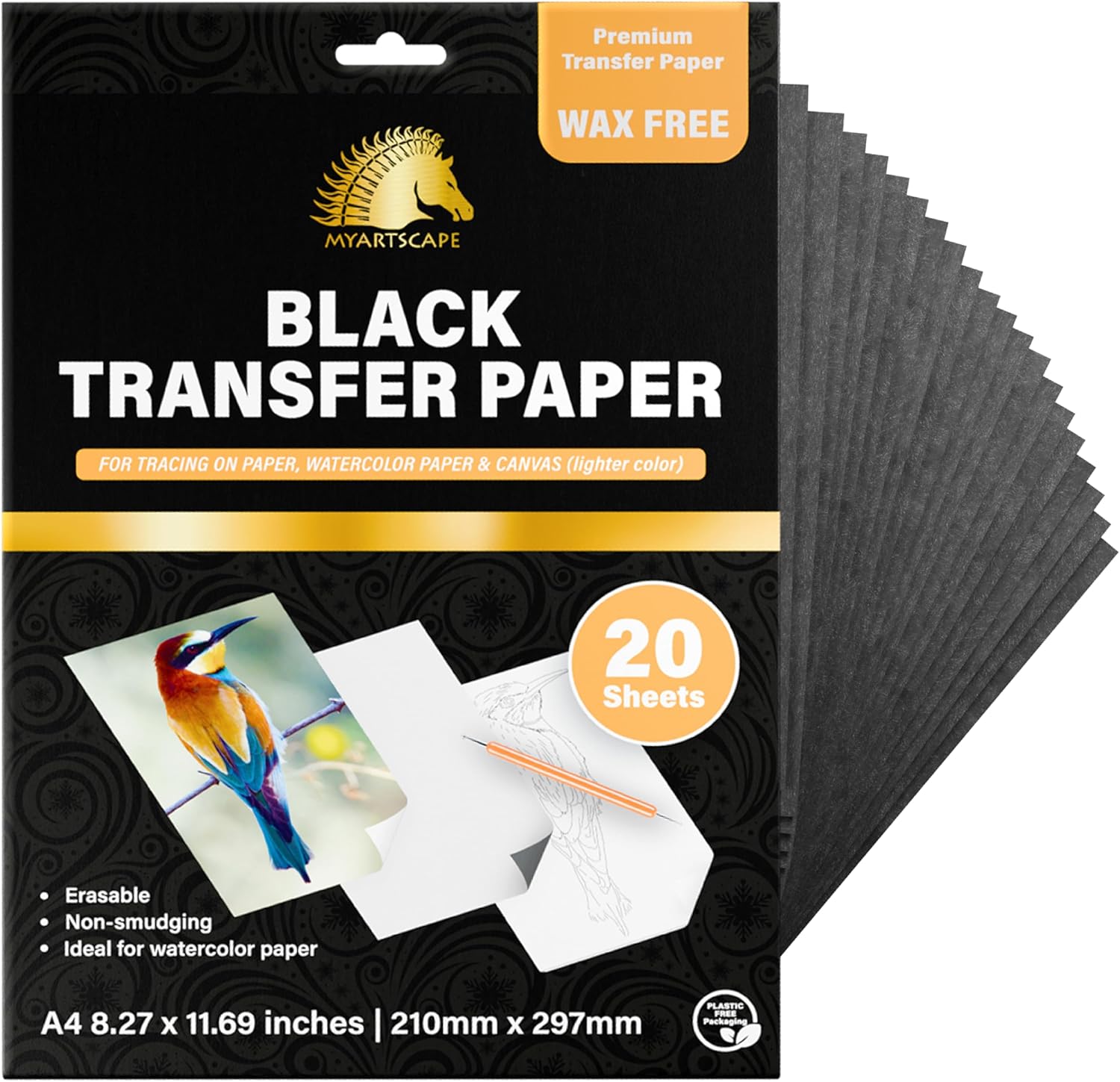 MyArtscape Graphite Transfer Paper, 20 Black Sheets - Wax Free - Erasable - Smudge-Free - Ideal for Drawing, Tracing and Watercolor Transfer - Premium Arts and Crafts Supplies
