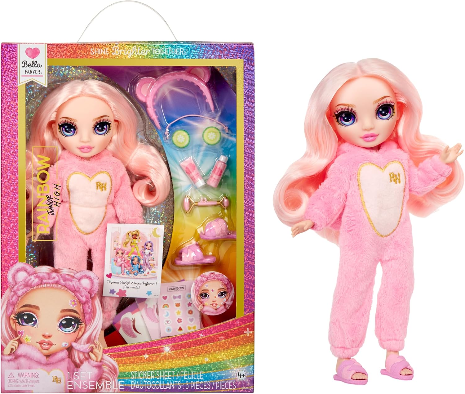 Rainbow High Jr High PJ Party - Bella, Pink 9" Posable Fashion Doll with Soft Onesie, Slippers, Fun Play Accessories, Great Toy Gift for Girls Kids Ages 4-12 Years