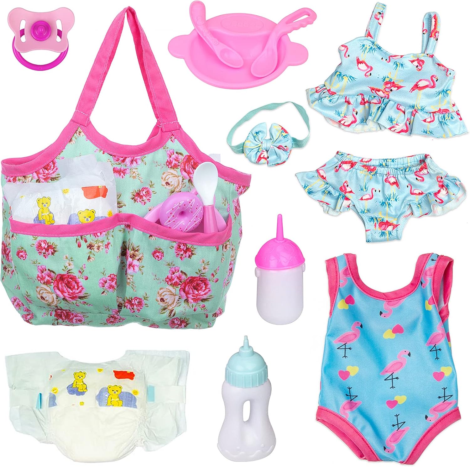 UNICORN ELEMENT 8 Pcs Baby Doll Accessories, Baby Doll Feeding and Caring Set with Diaper Bag, Diapers, Bottles, Pacifier, Swimsuits for Kids
